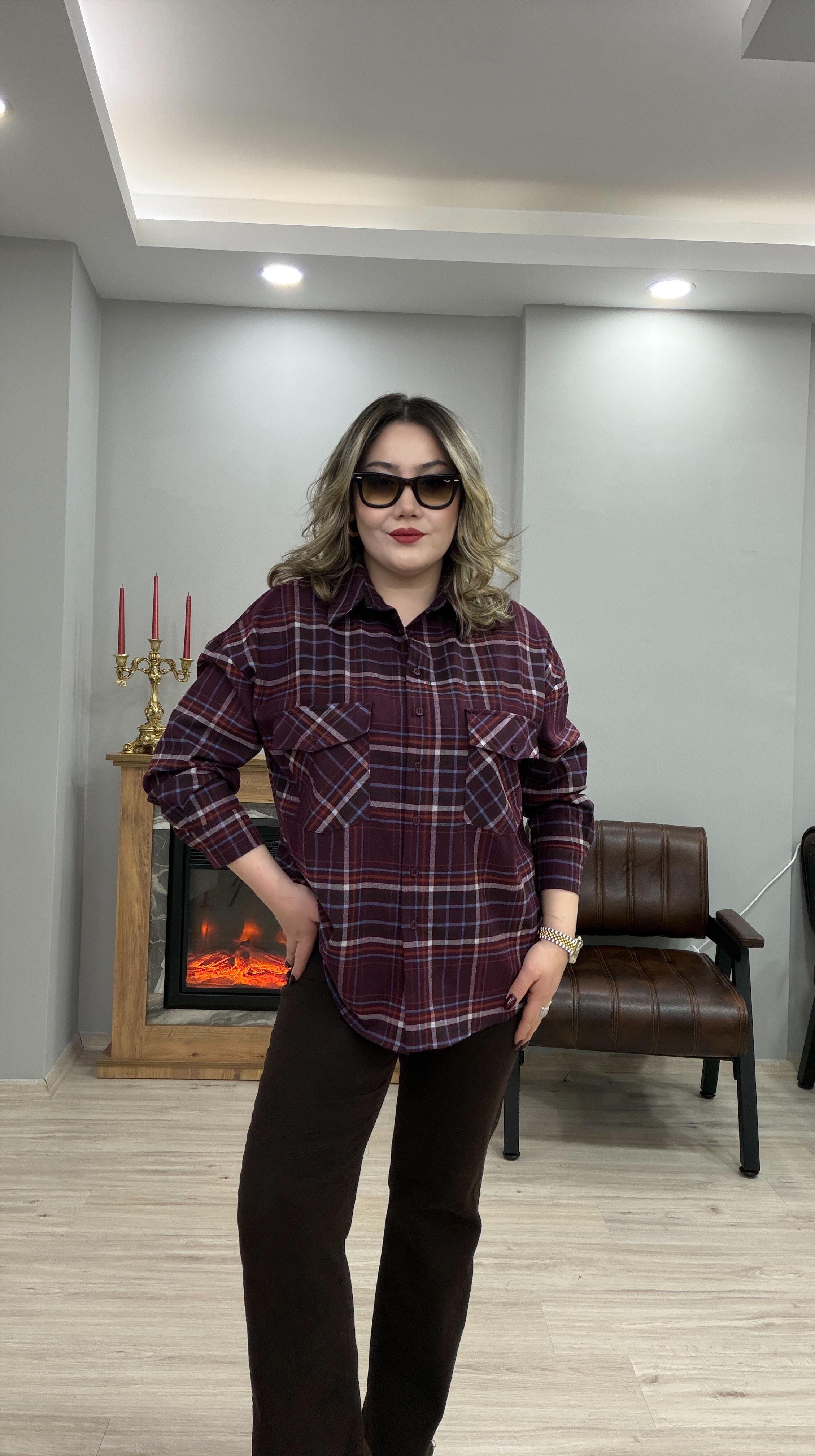 EKOSE DESEN CEPLİ KAŞE GÖMLEK  MÜRDÜM