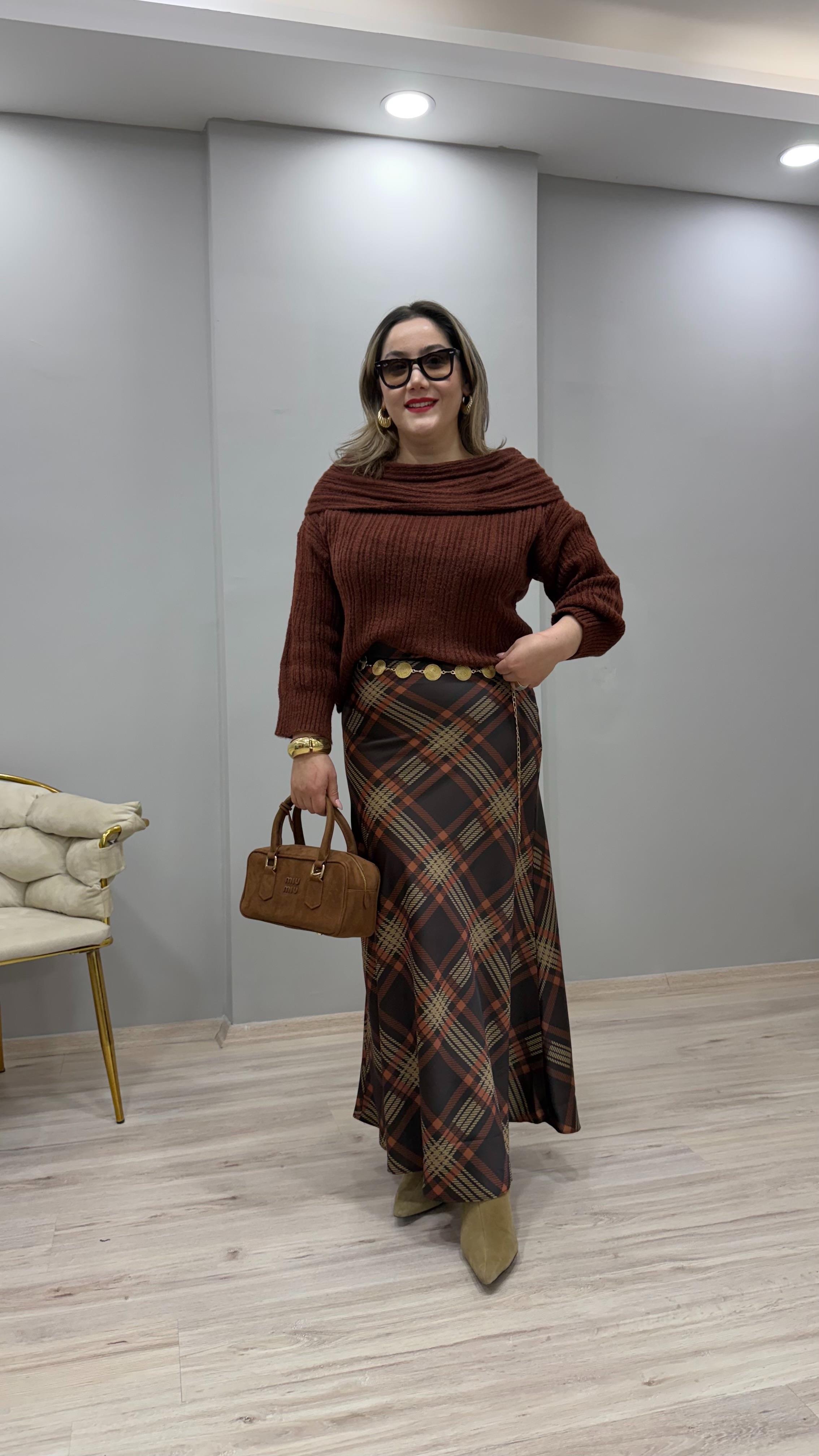EKOSE DESEN YÜKSEK BEL SATEN ETEK 