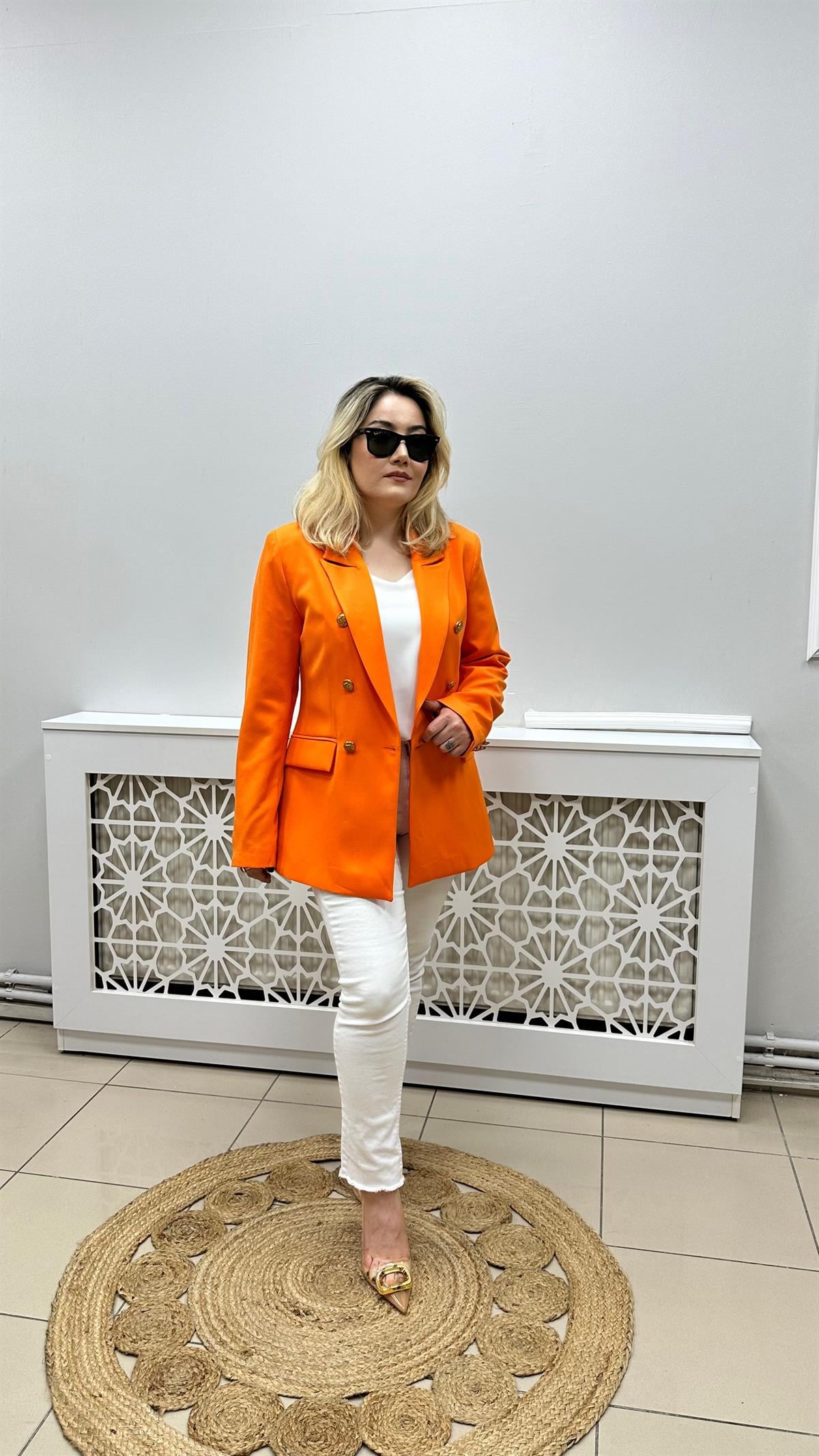 Gold Düğmeli Kruvaze Blazer Ceket Orange