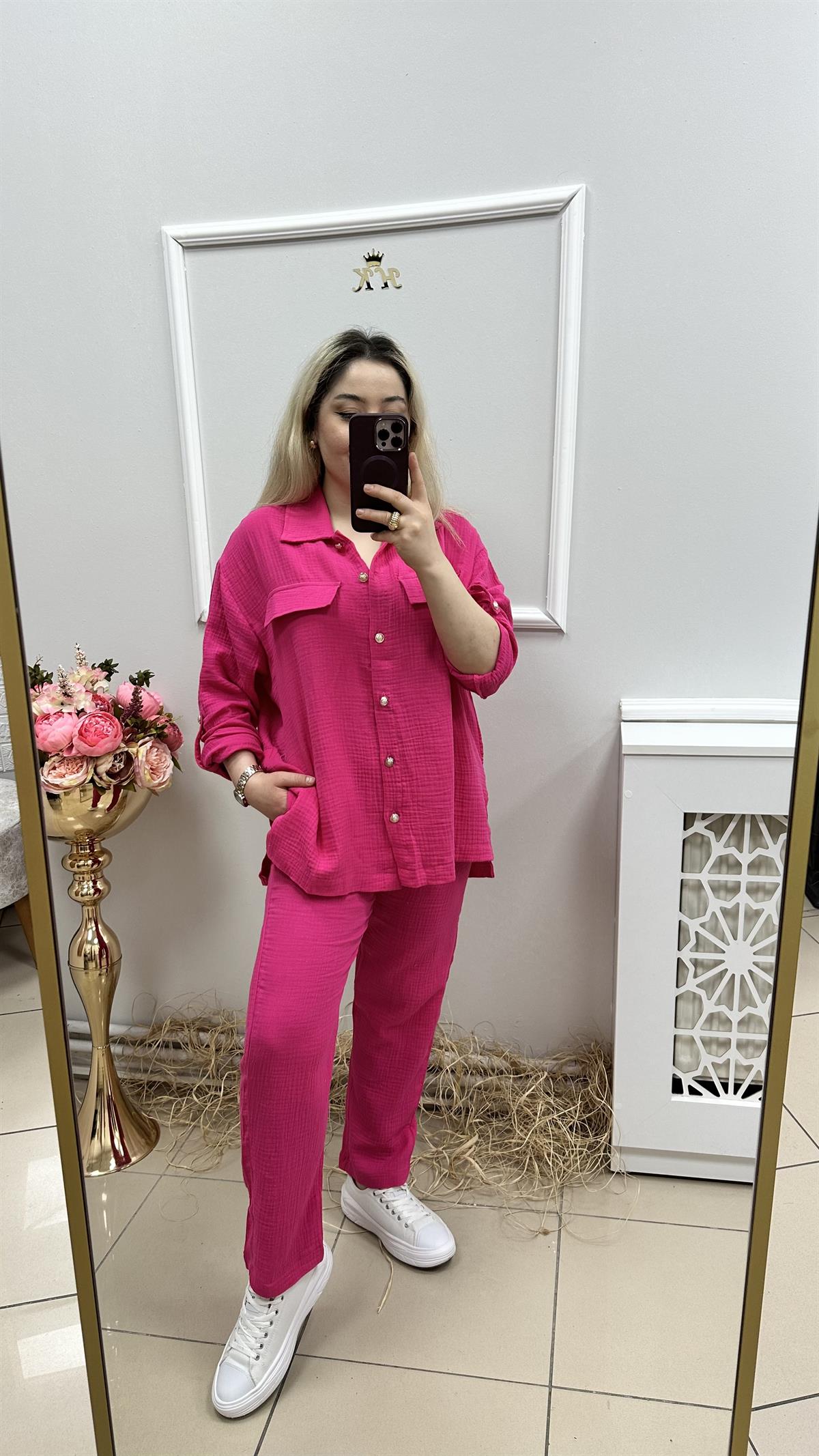 Gold Düğmeli Pembe Takım