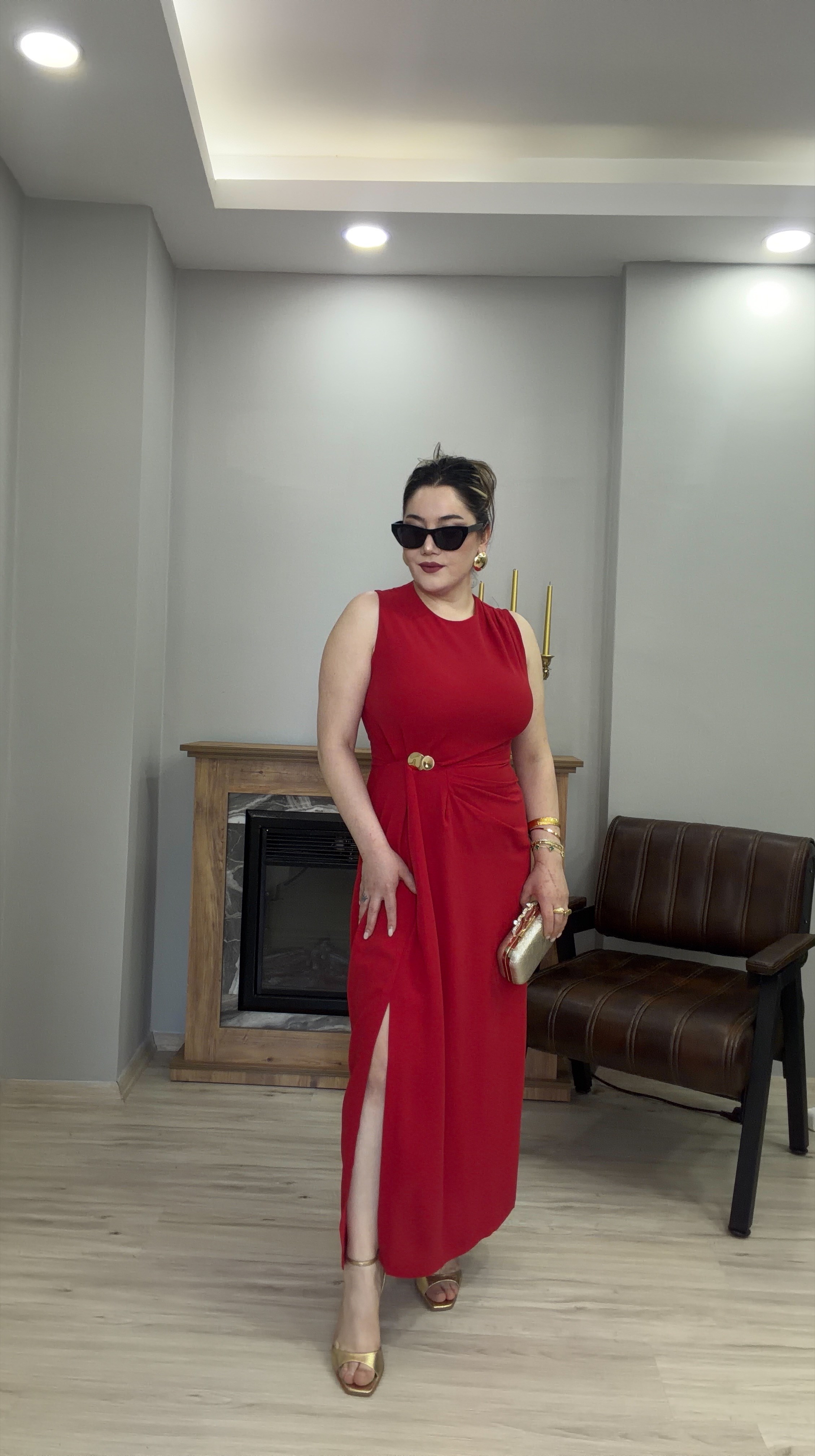 GOLD TOKALI DRAPELİ ELBİSE KIRMIZI