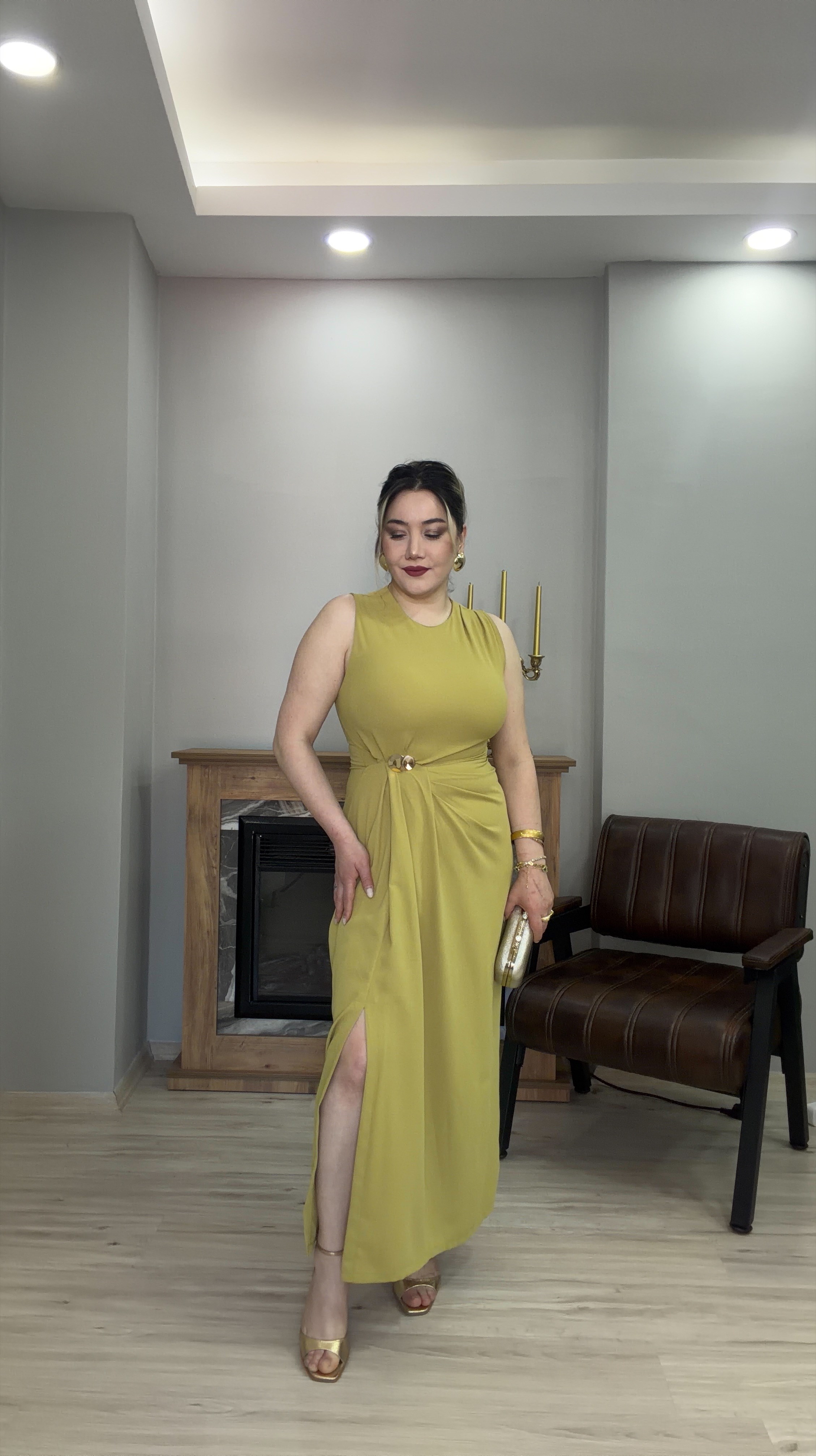 GOLD TOKALI DRAPELİ ELBİSE YAĞ YEŞİL