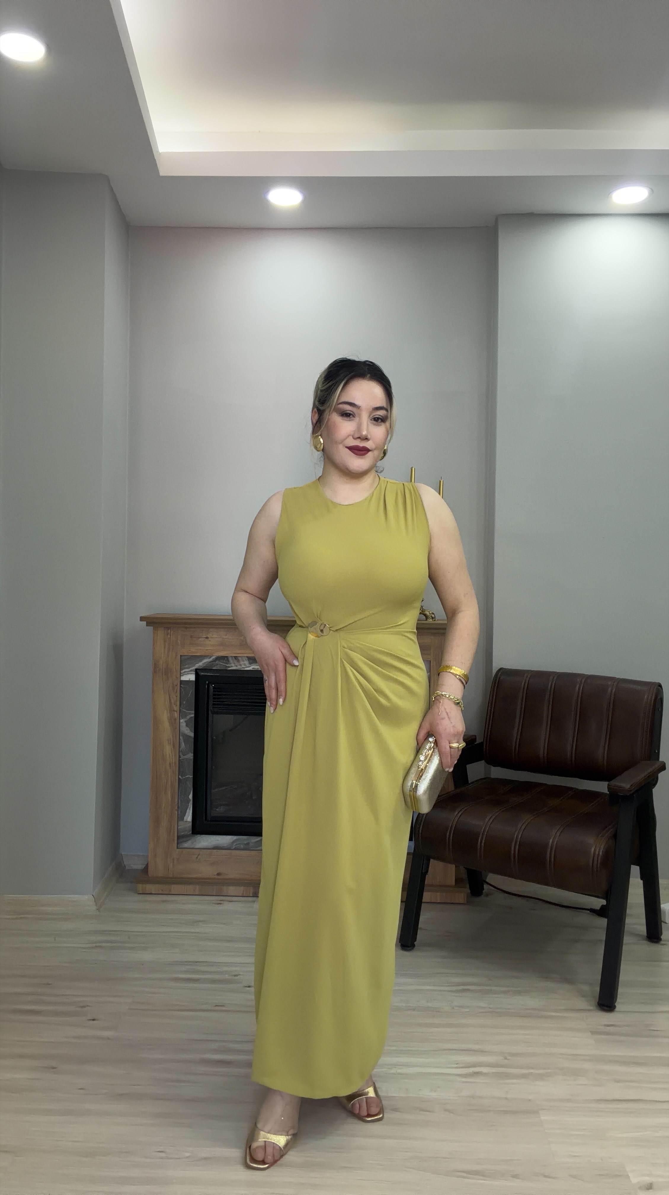GOLD TOKALI DRAPELİ ELBİSE YAĞ YEŞİL