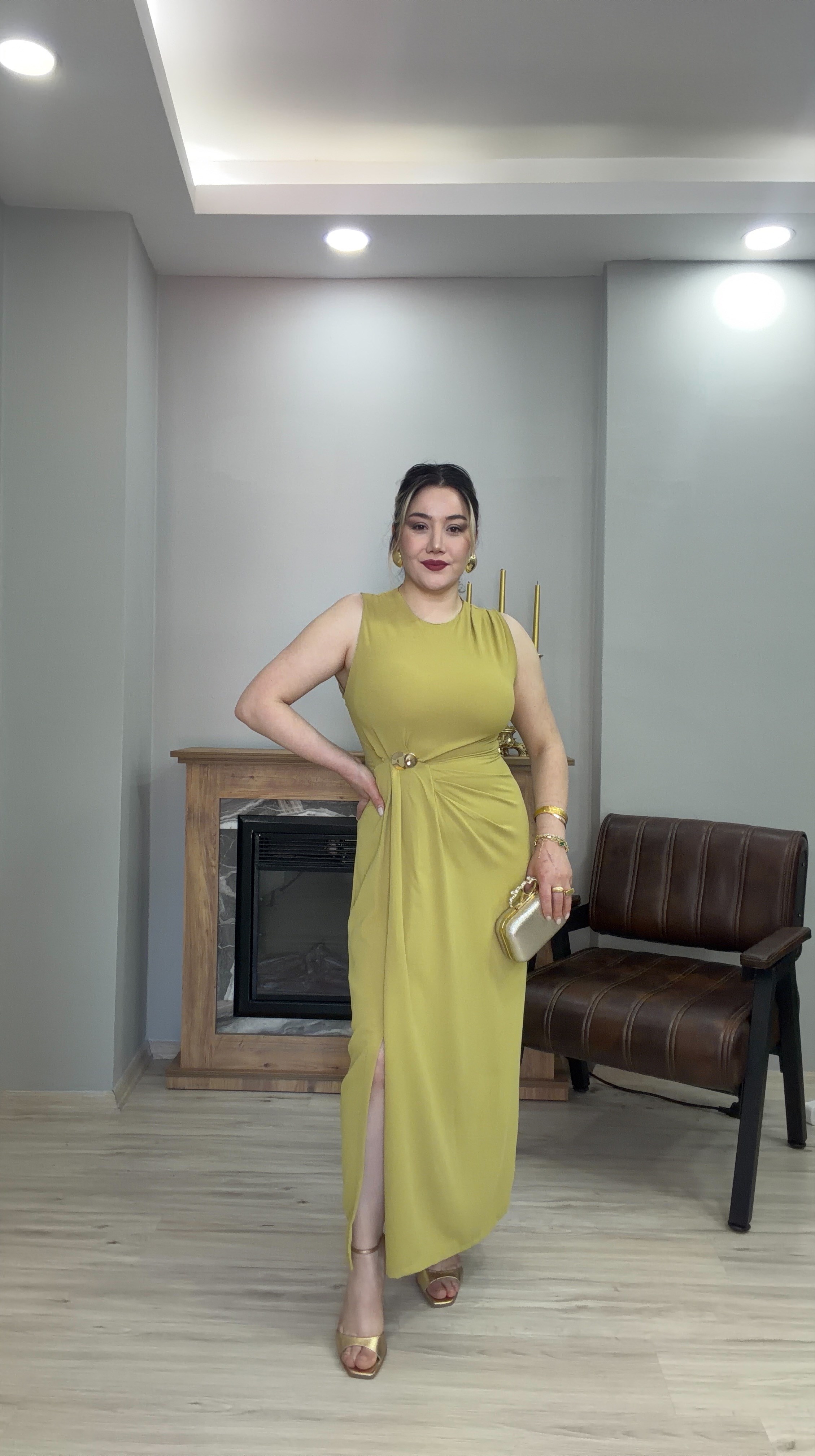 GOLD TOKALI DRAPELİ ELBİSE YAĞ YEŞİL
