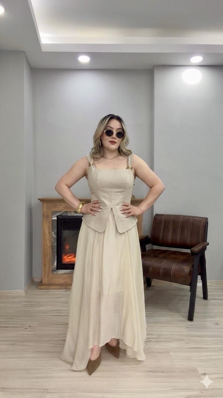 GOLD TOKALI KARE YAKA KETEN BLUZ TAŞ