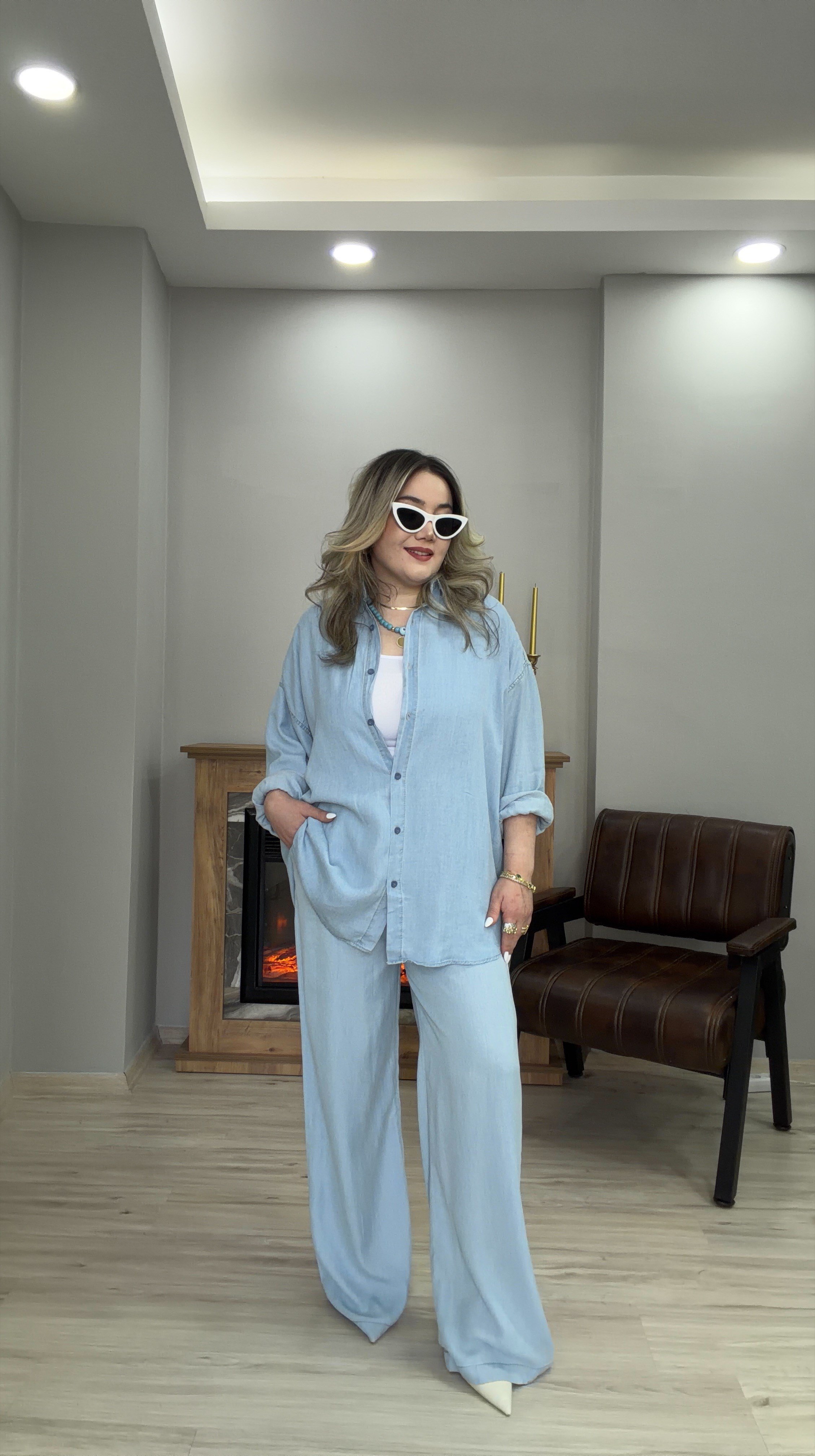 GÖMLEKLİ JEAN TAKIM MAVİ
