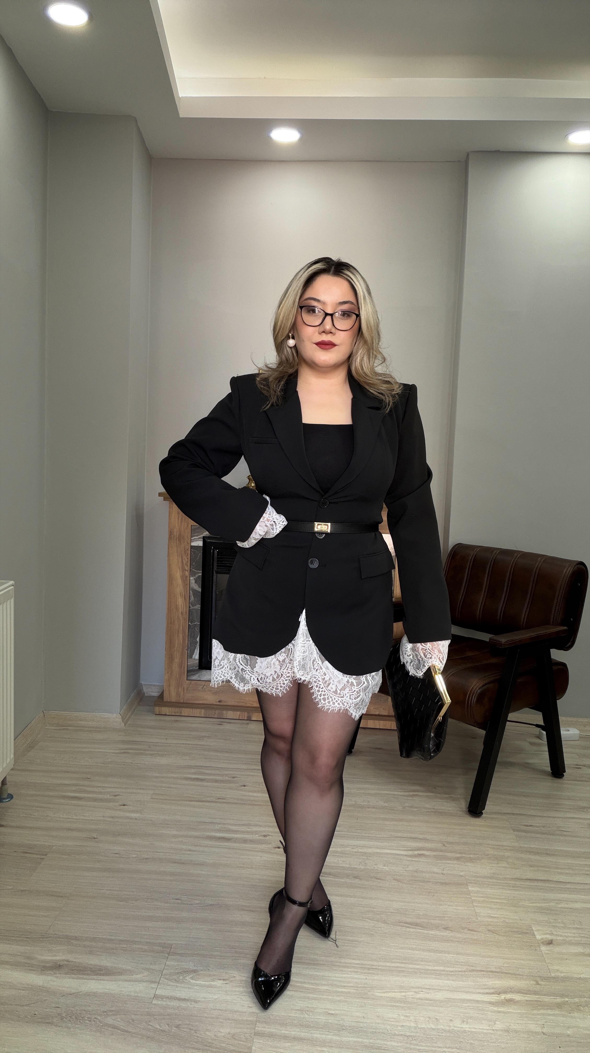 GÜPÜR DETAYLI KEMERLİ BLAZER CEKET SİYAH 