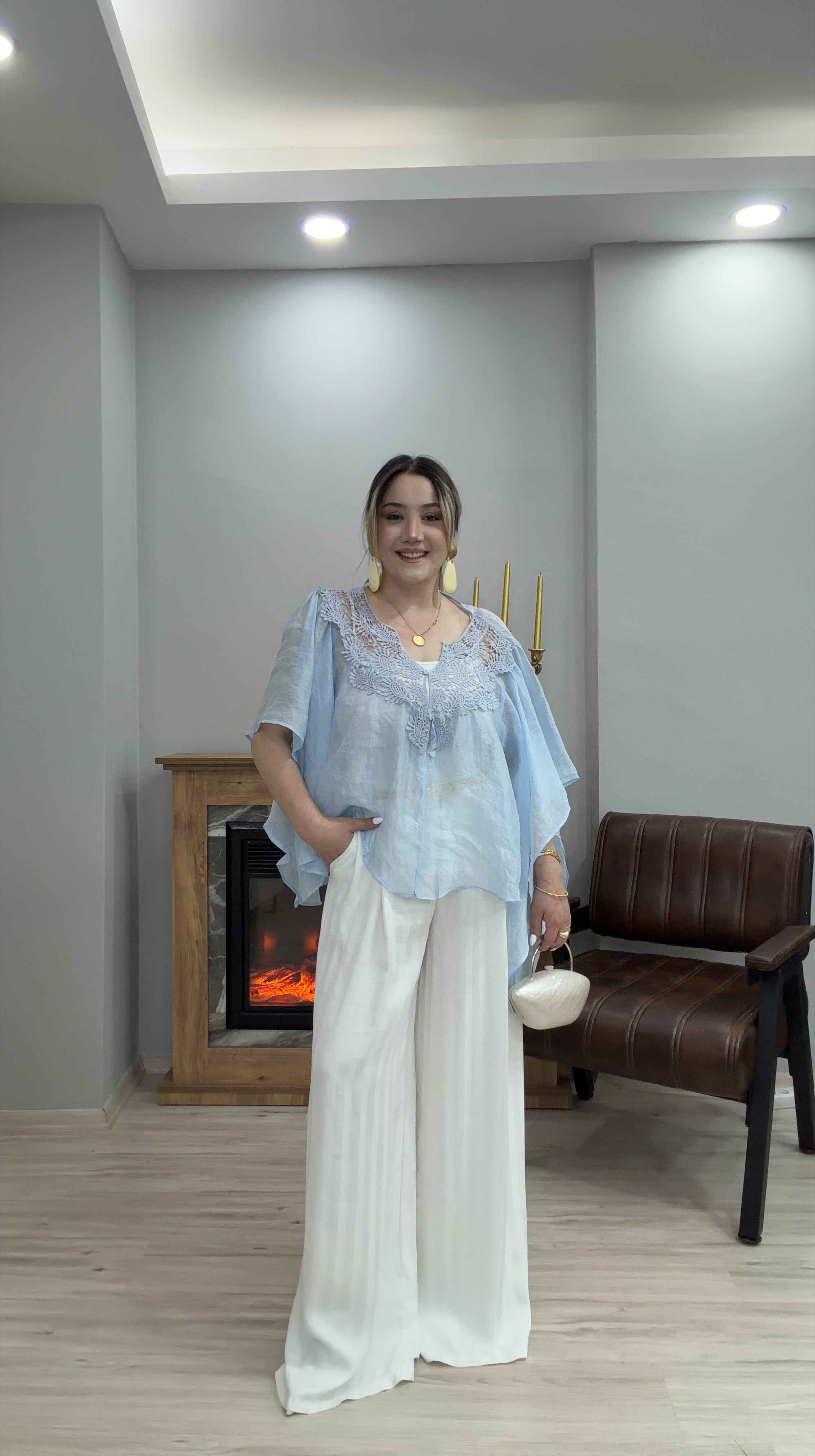 GÜPÜRLÜ TENSEL BLUZ MAVİ