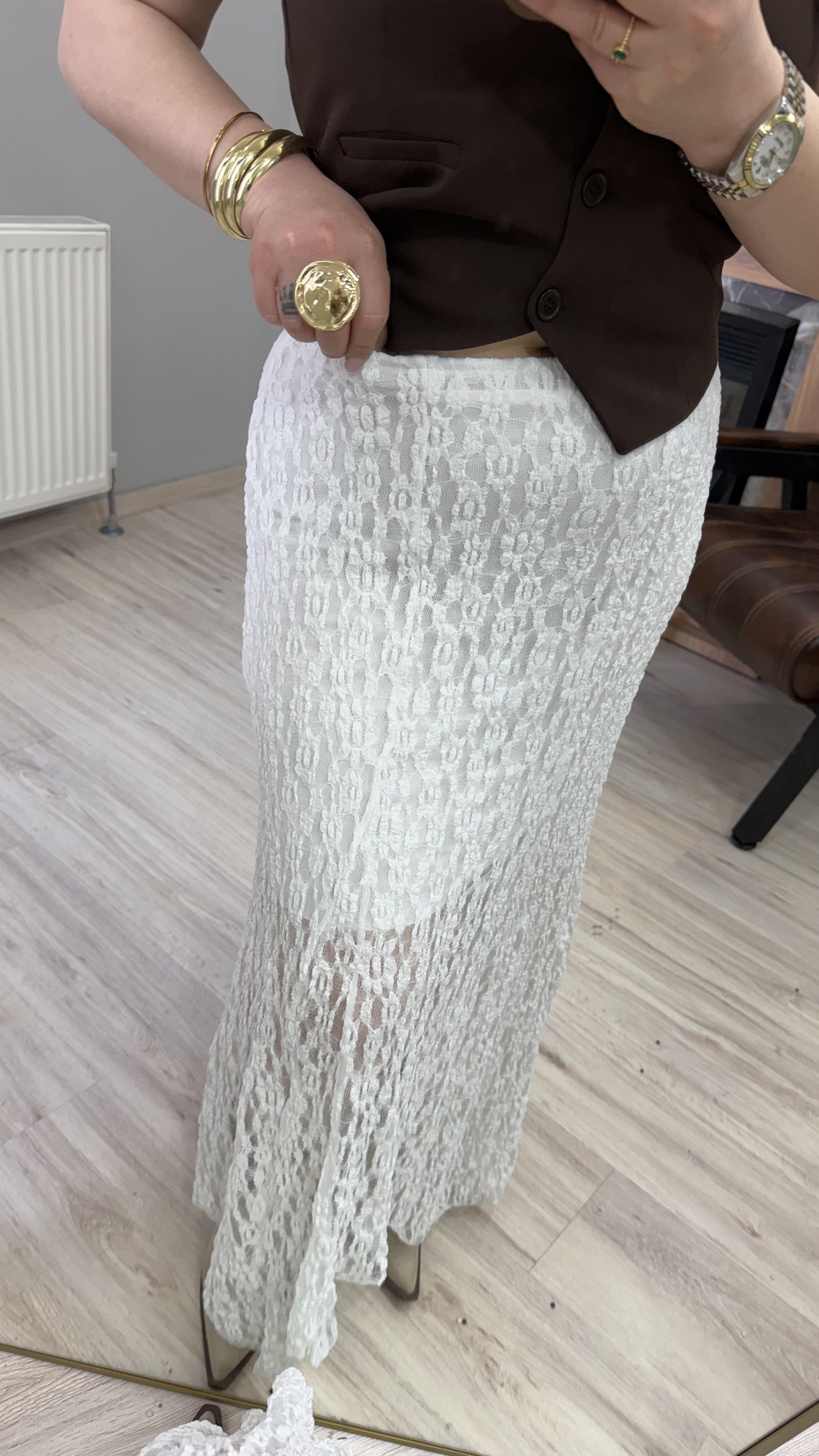 GÜPÜRLÜ YÜKSEK BEL İÇ ASTARLI ETEK  KREM 