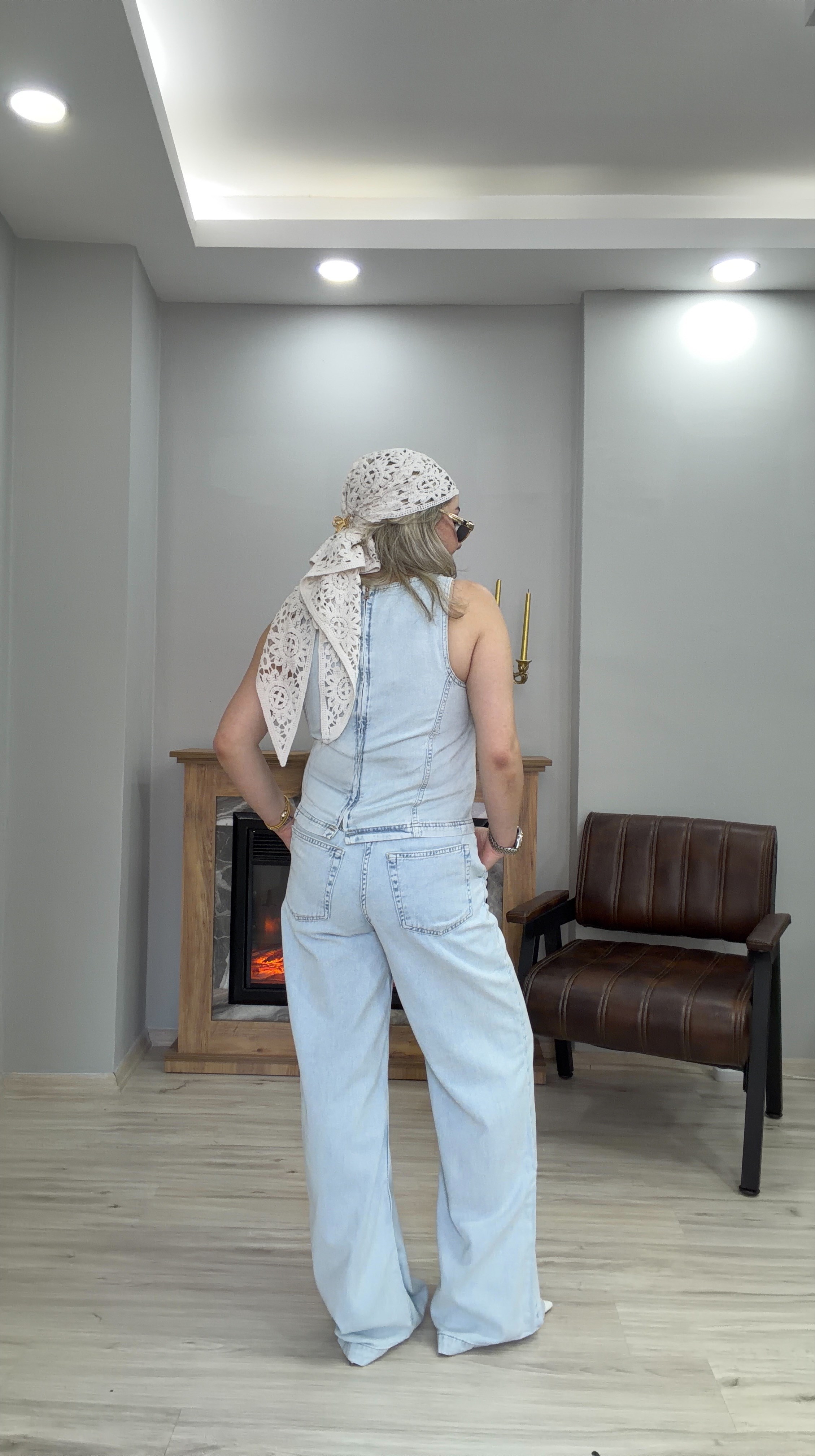 HALTER YAKA TENSEL JEAN  İKİLİ TAKIM BUZ MAVİ