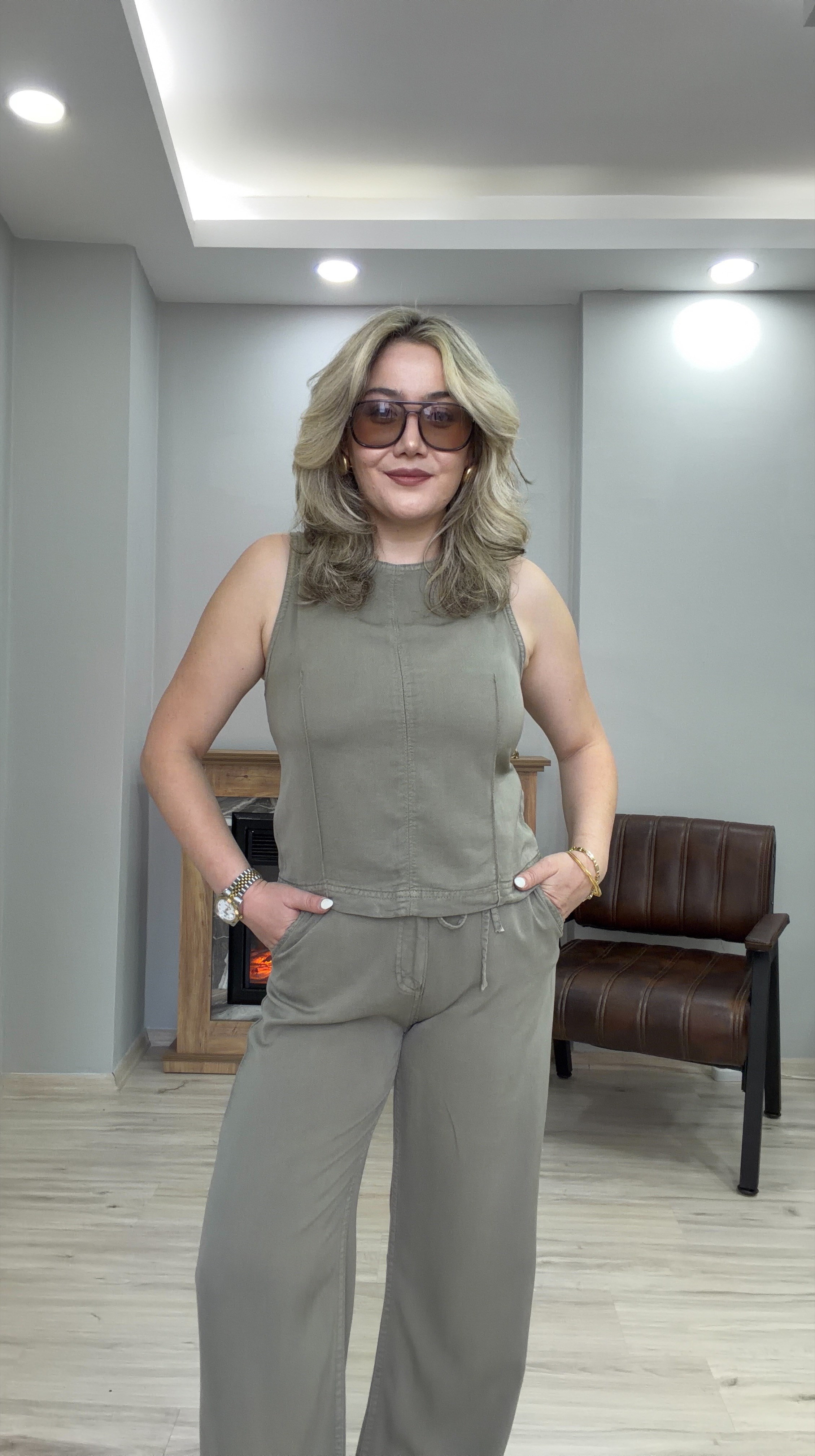 HALTER YAKA TENSEL JEAN  İKİLİ TAKIM HAKİ