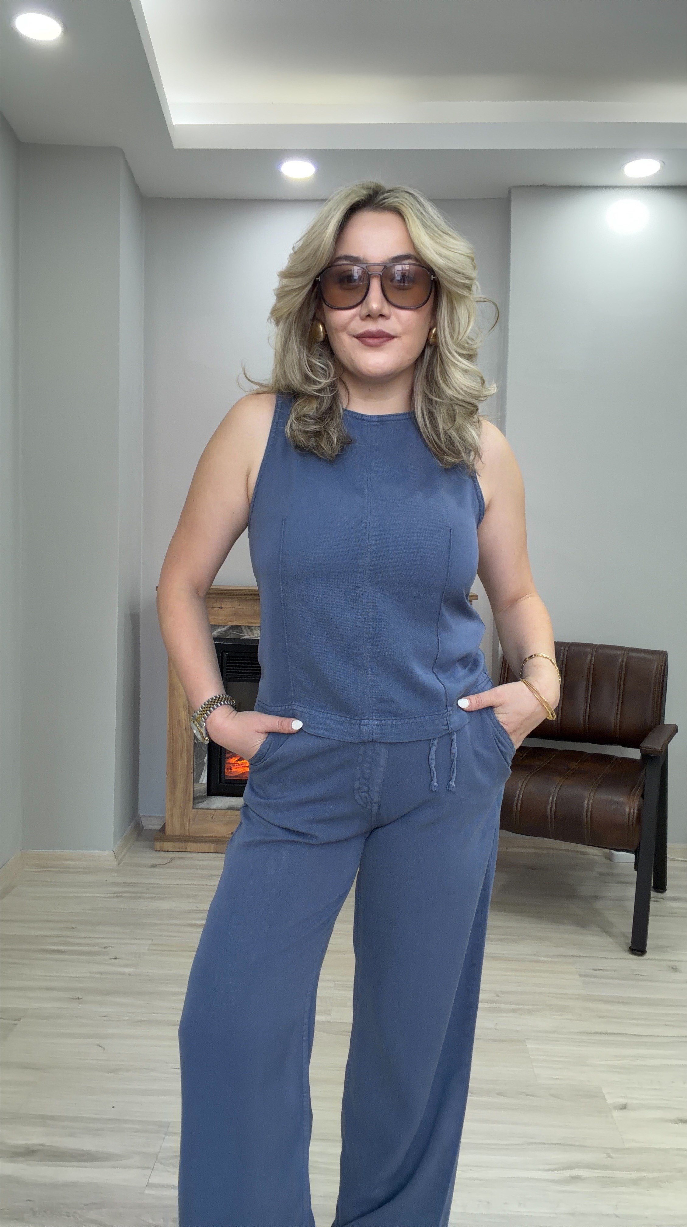HALTER YAKA TENSEL JEAN  İKİLİ TAKIM İNDİGO