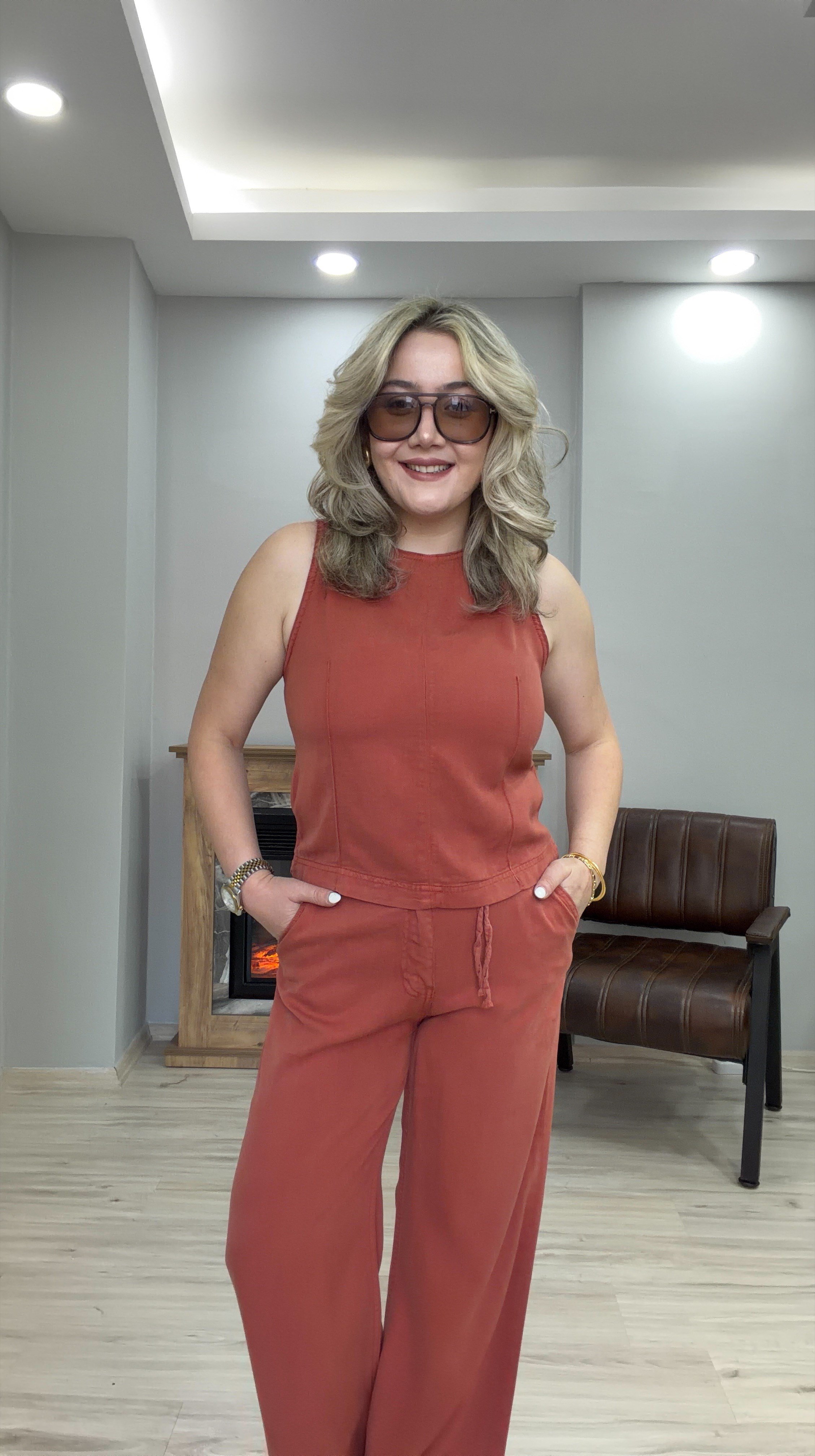 HALTER YAKA TENSEL JEAN  İKİLİ TAKIM KİREMİT
