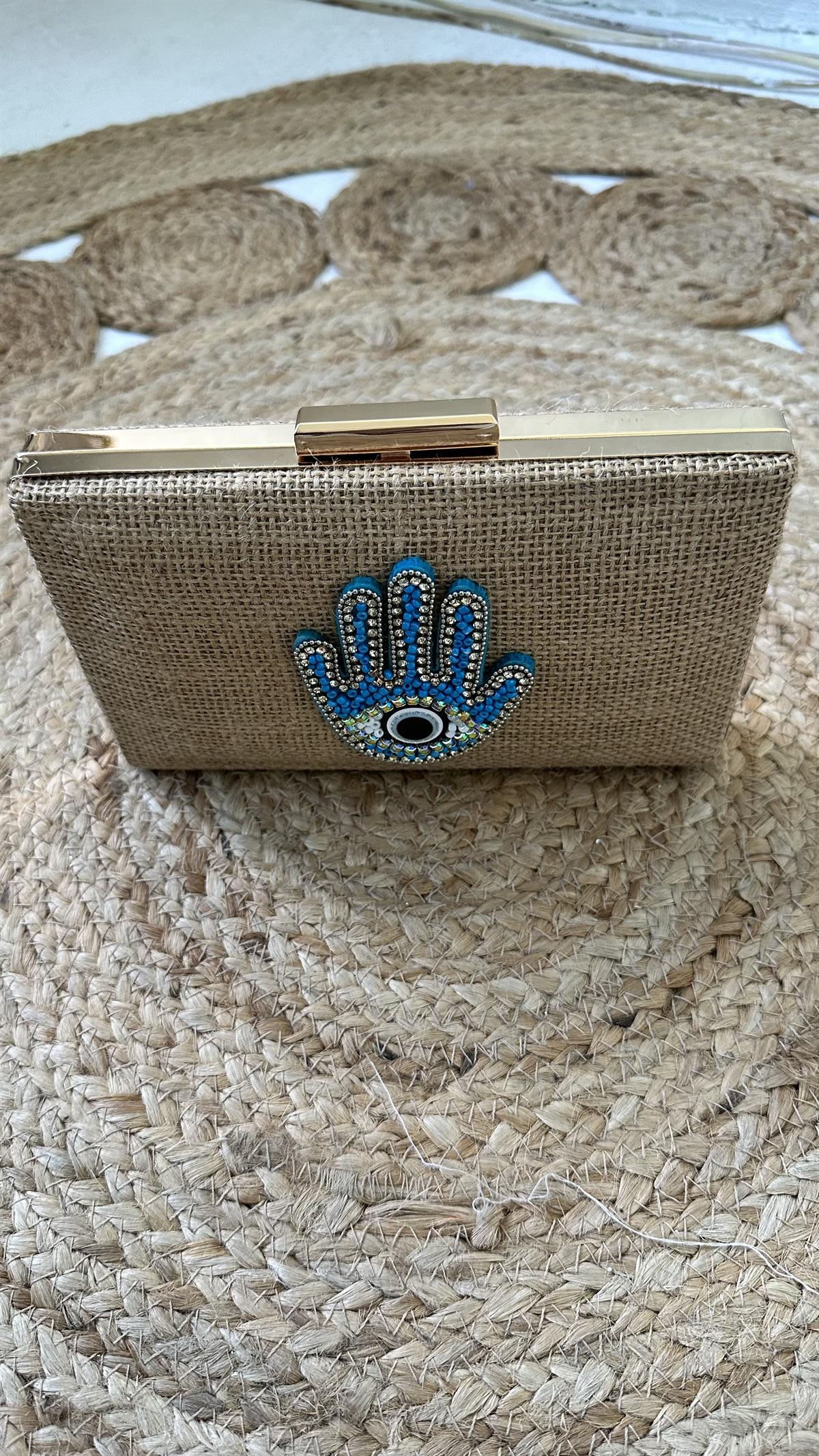 Hamsa Motif İşlemeli Hasır Çanta