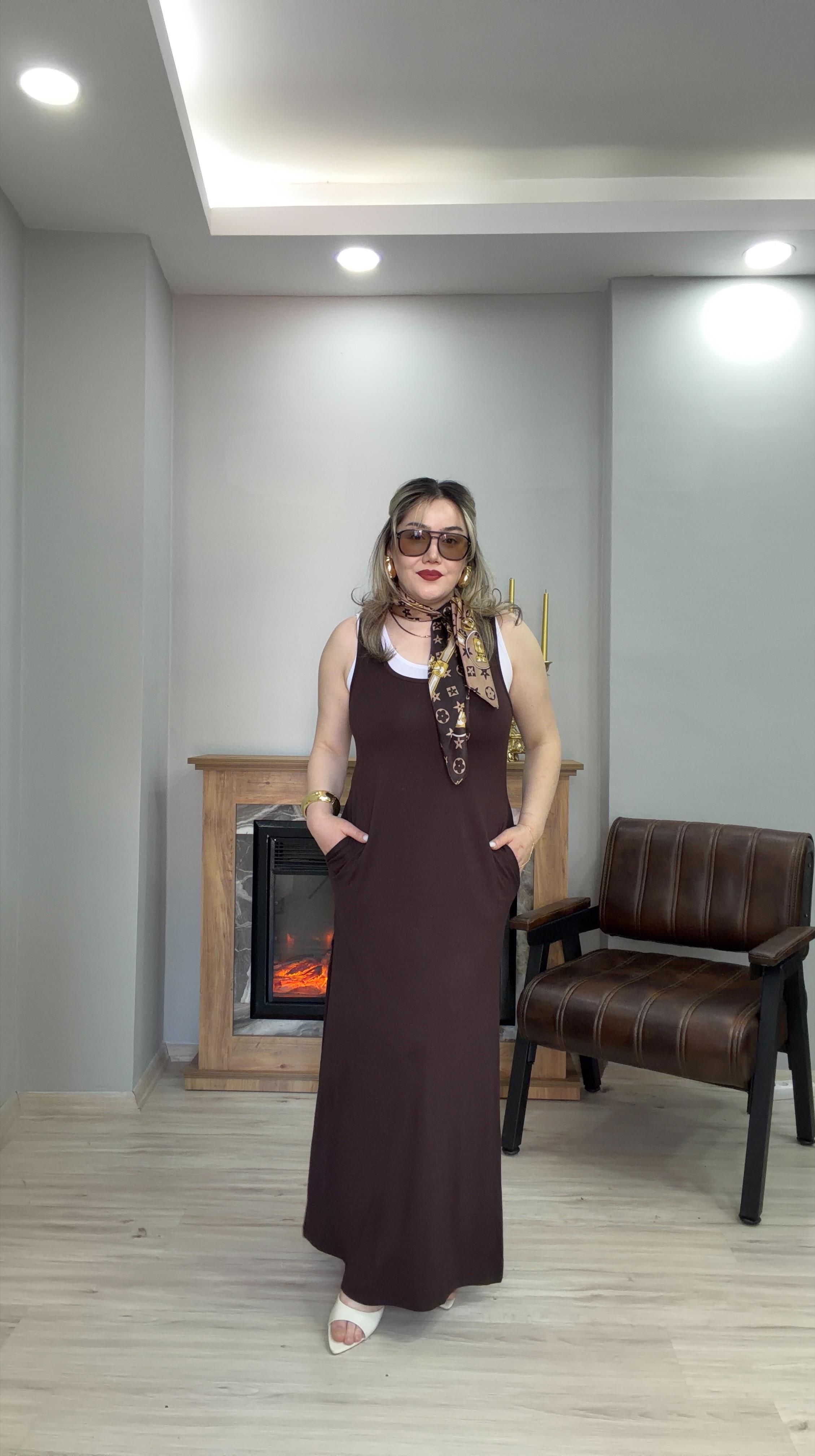 İÇ BODYLİ İKİLİ ELBİSE KAHVE