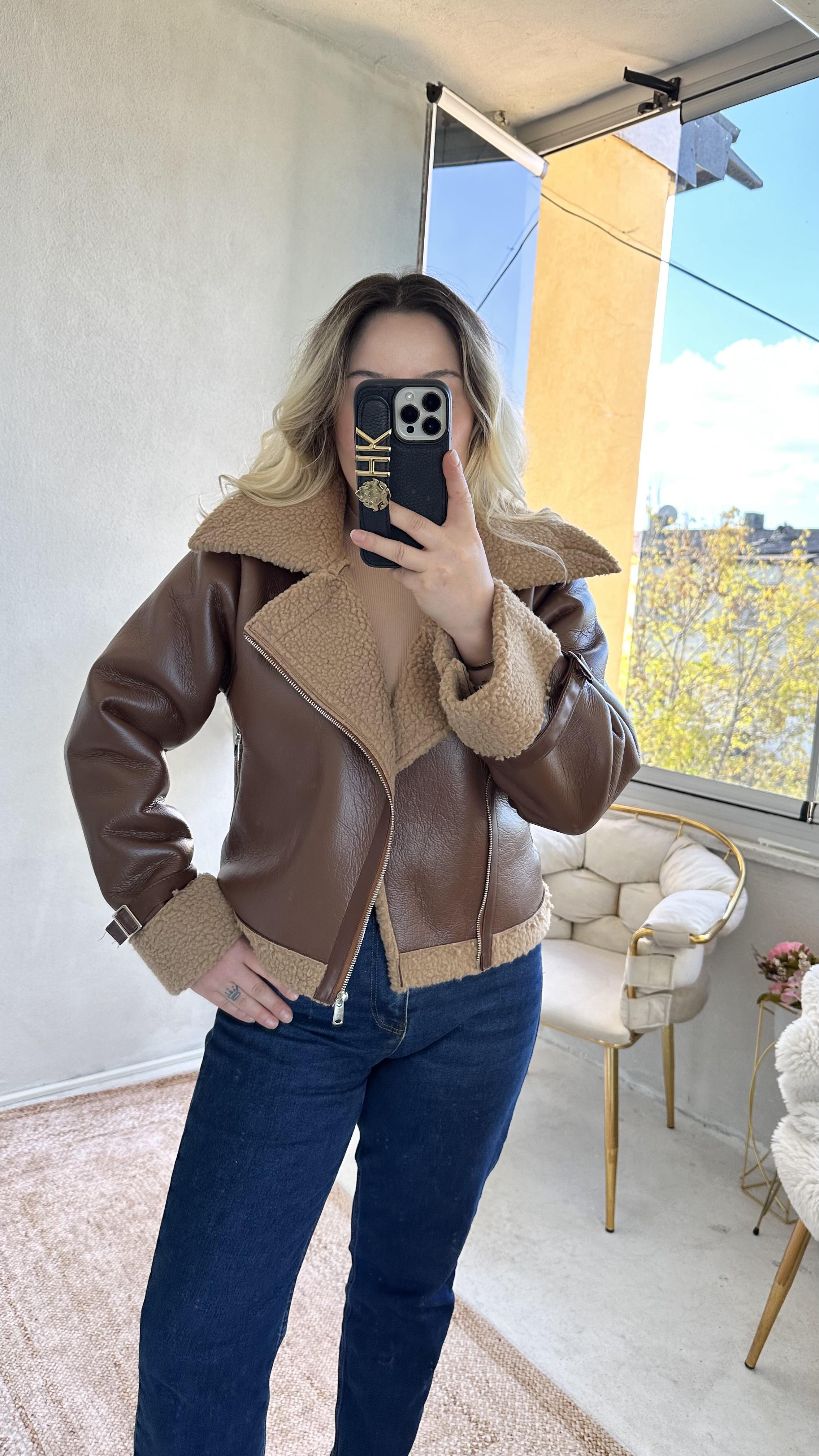 Kahve Deri İçi Peluş Biker Mont