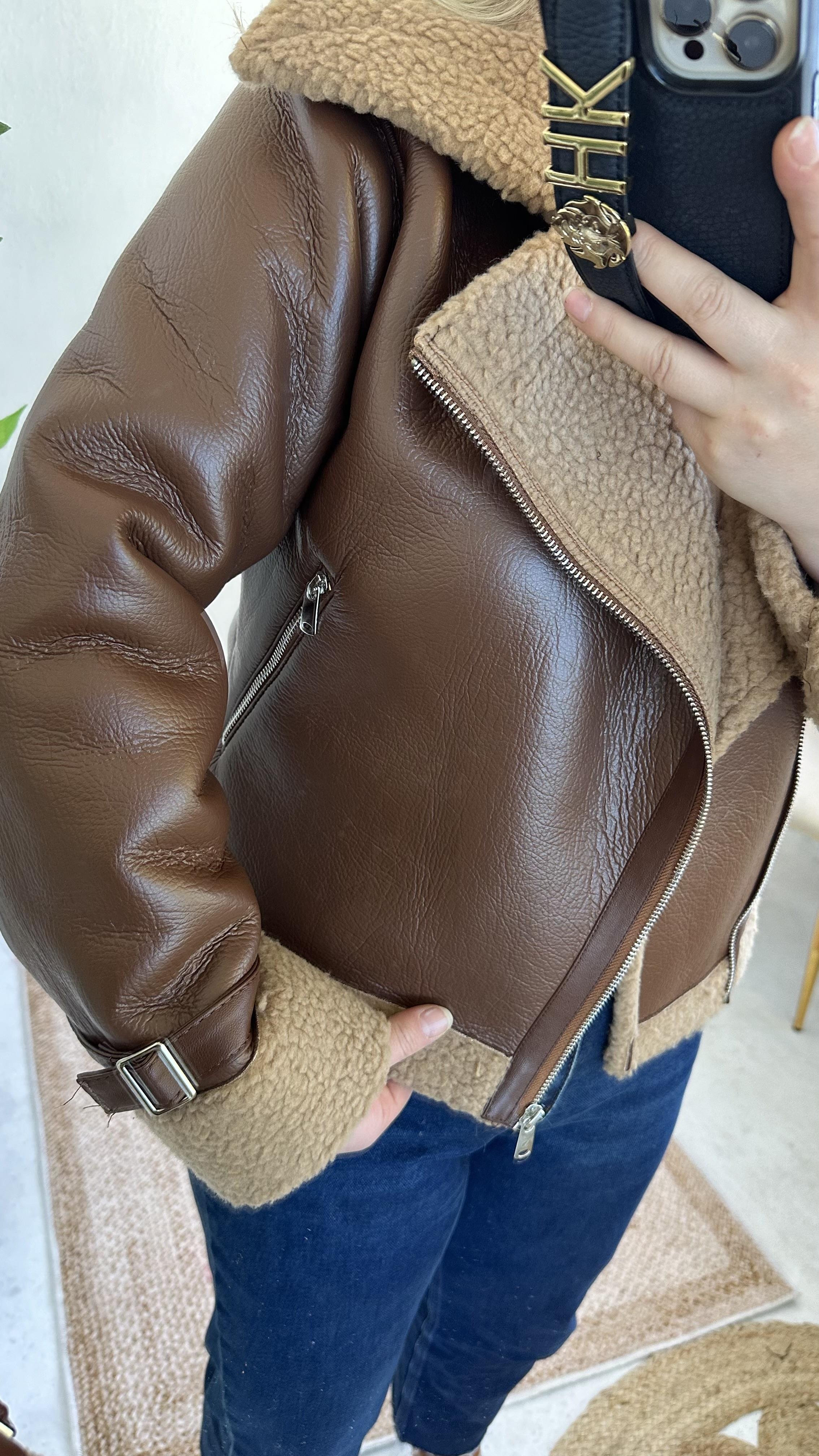 Kahve Deri İçi Peluş Biker Mont