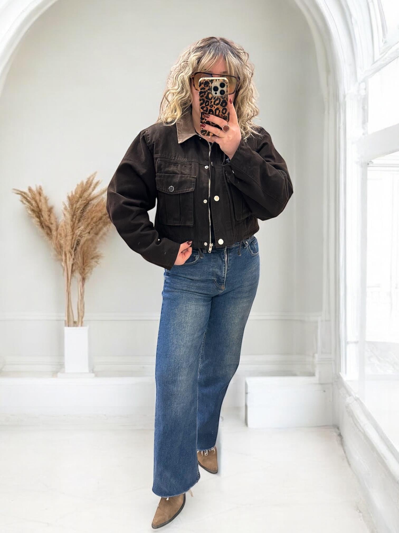 KANVAS CASUAL CROP CEKET ACI KAHVE