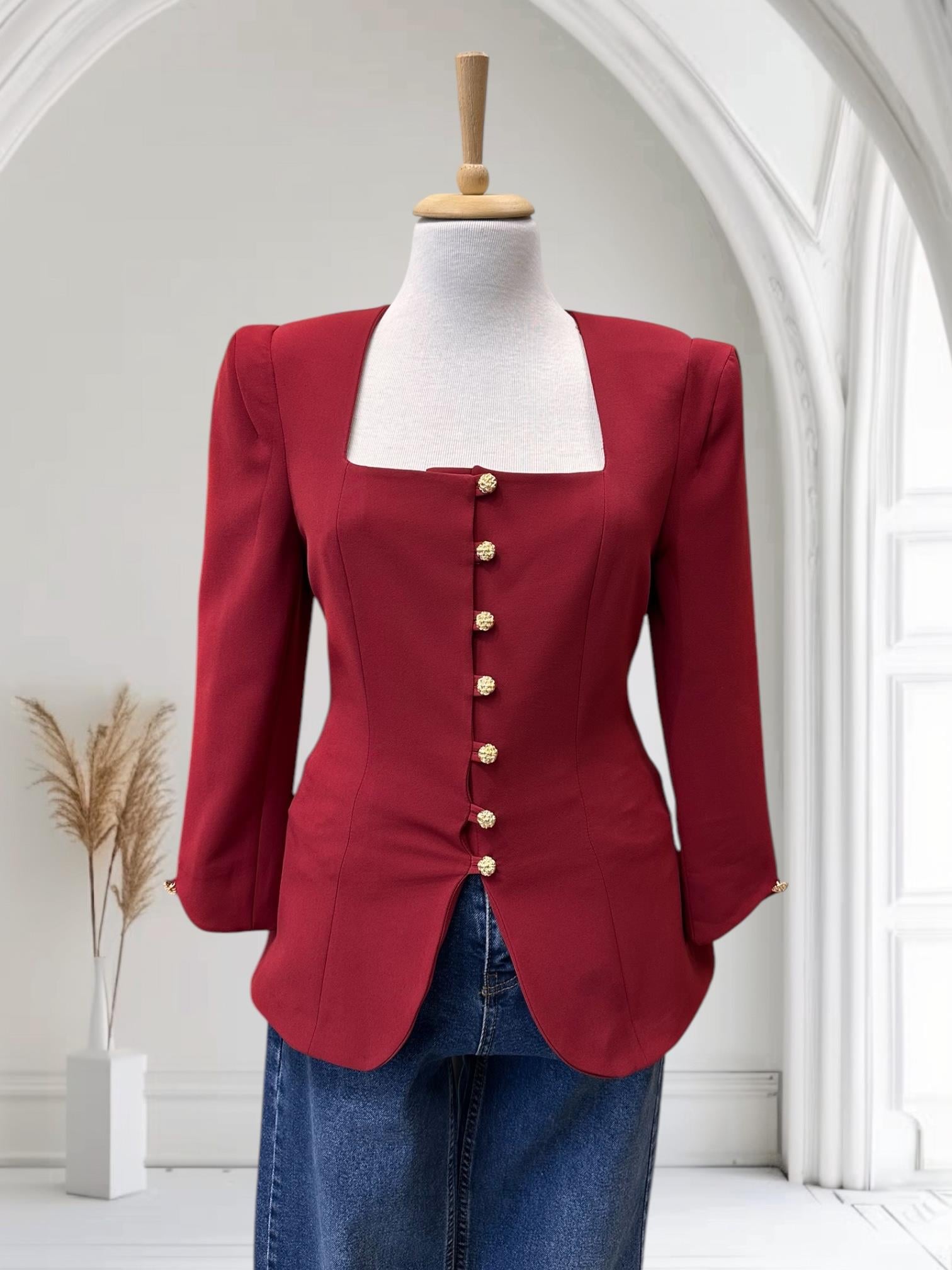 KARE YAKA GOLD DÜĞMELİ CEKET BORDO