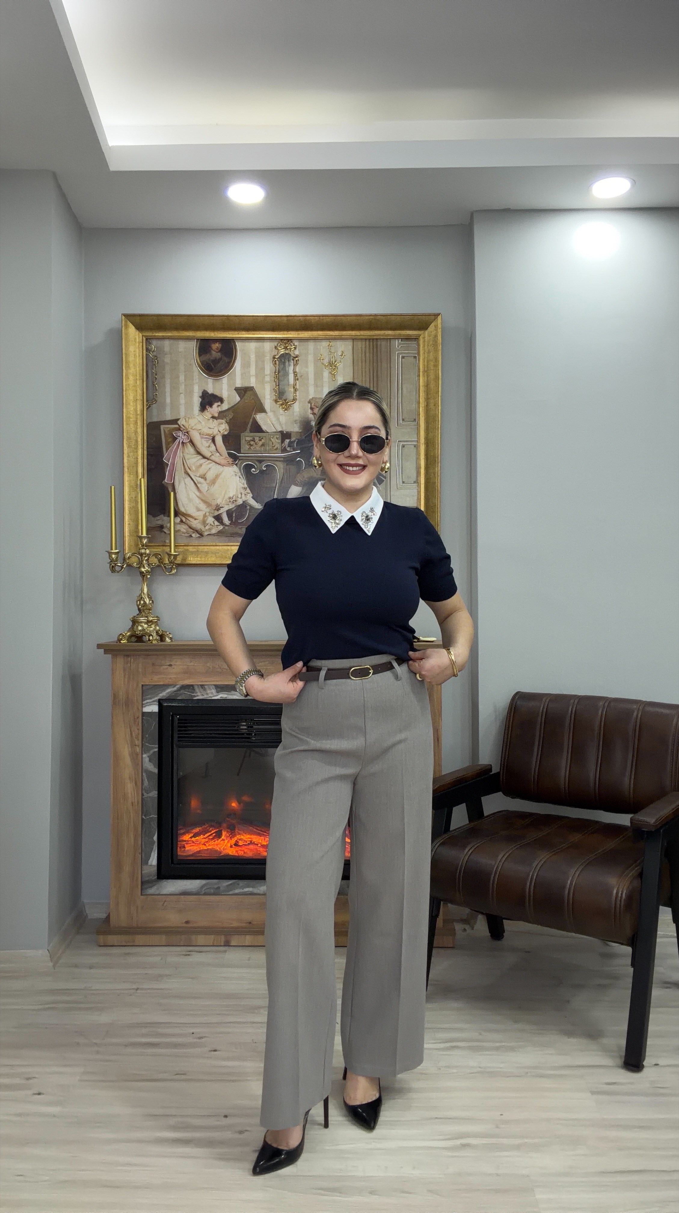 KEMERLİ YÜKSEK BEL FLARE PANTOLON GRİ