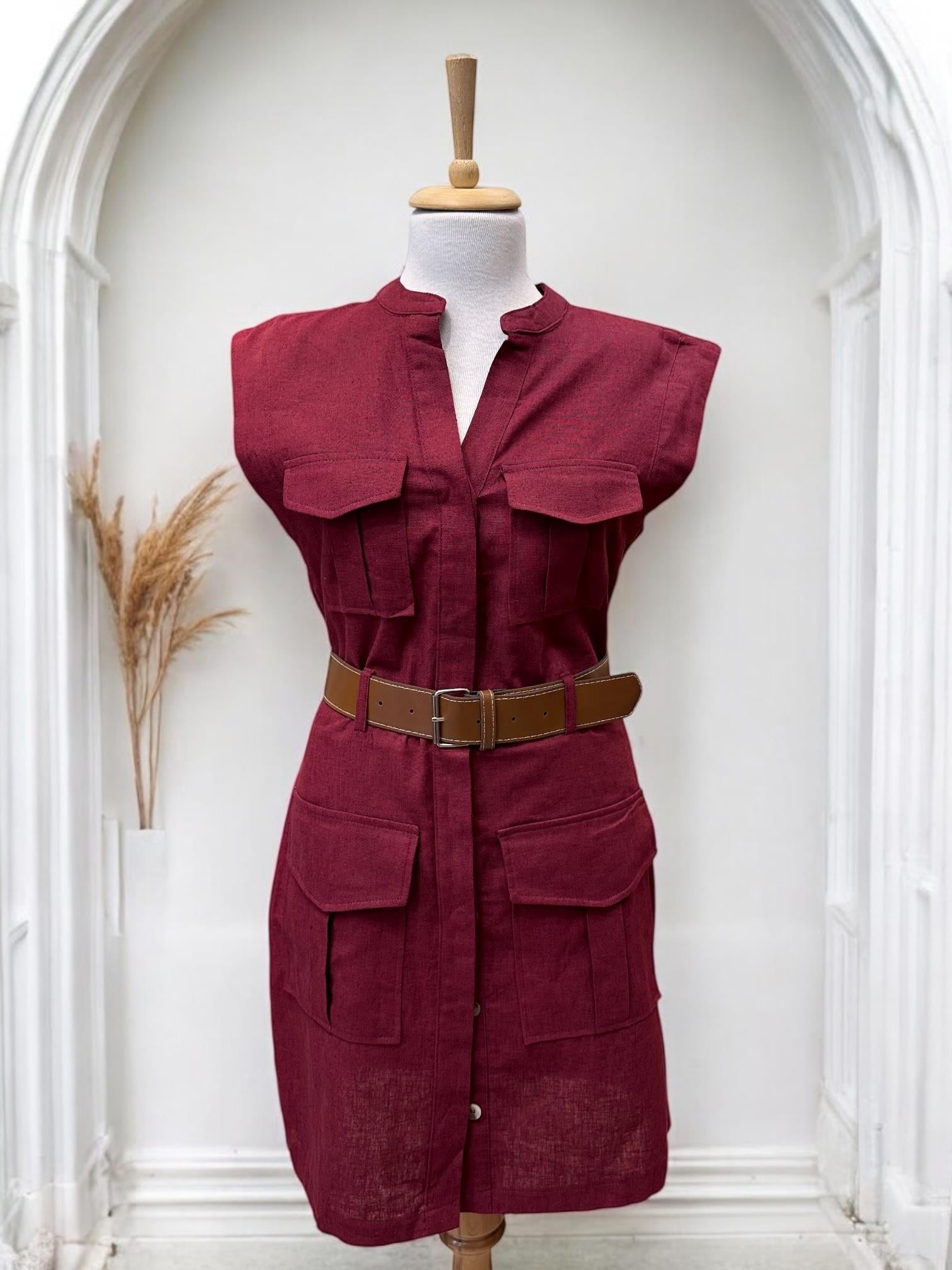 KETEN KEMERLİ SAFARİ ELBİSE BORDO
