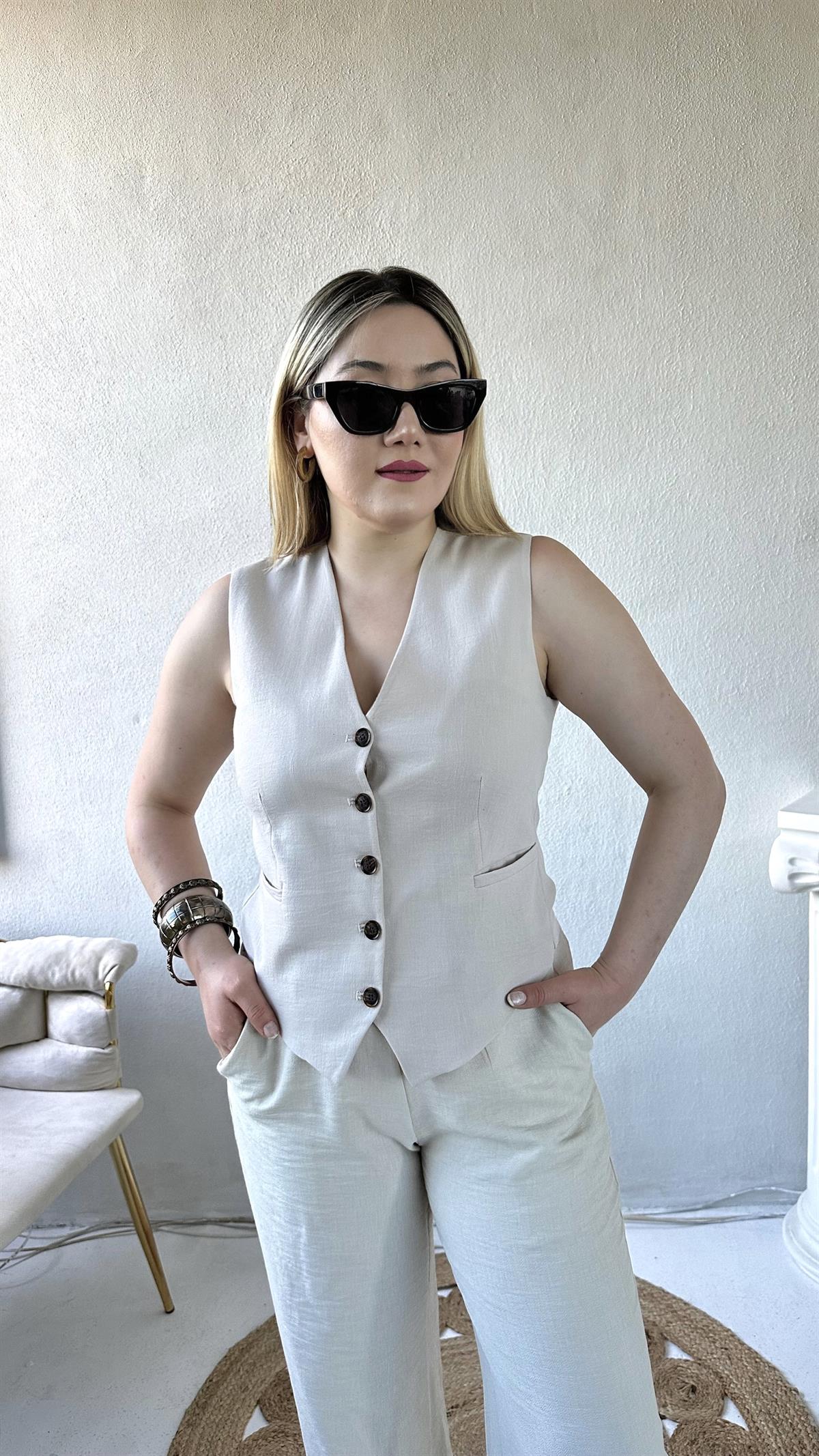 Keten Kumaş İç Astarlı Cepken Yelek Taş