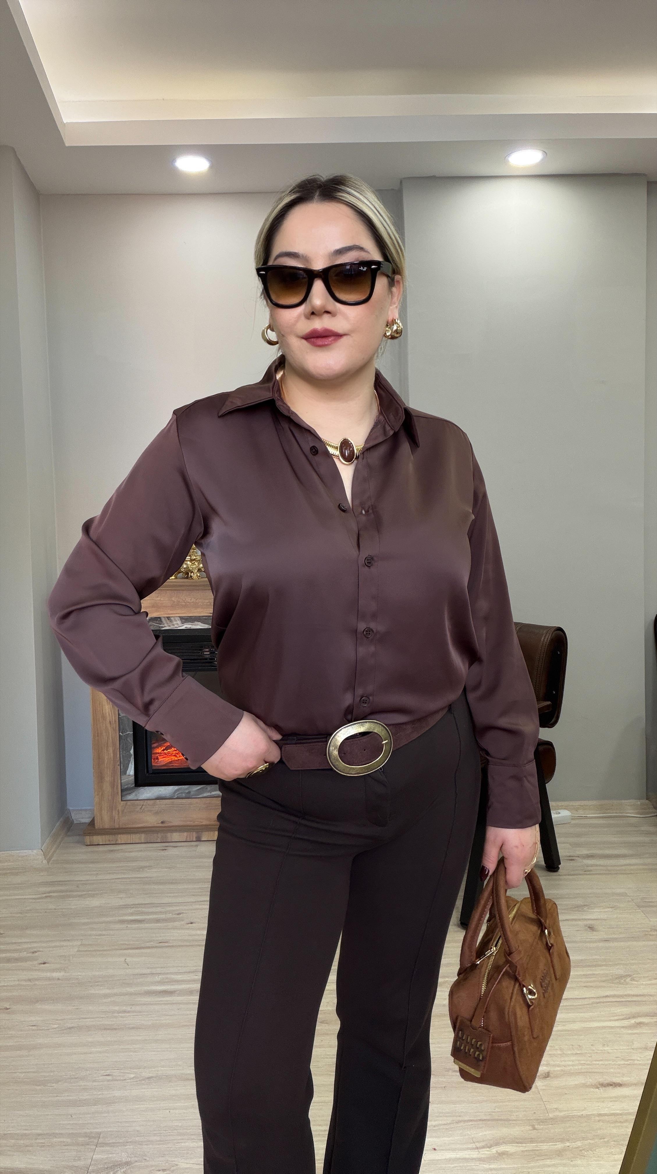 KLASİK SATEN GÖMLEK KAHVE 