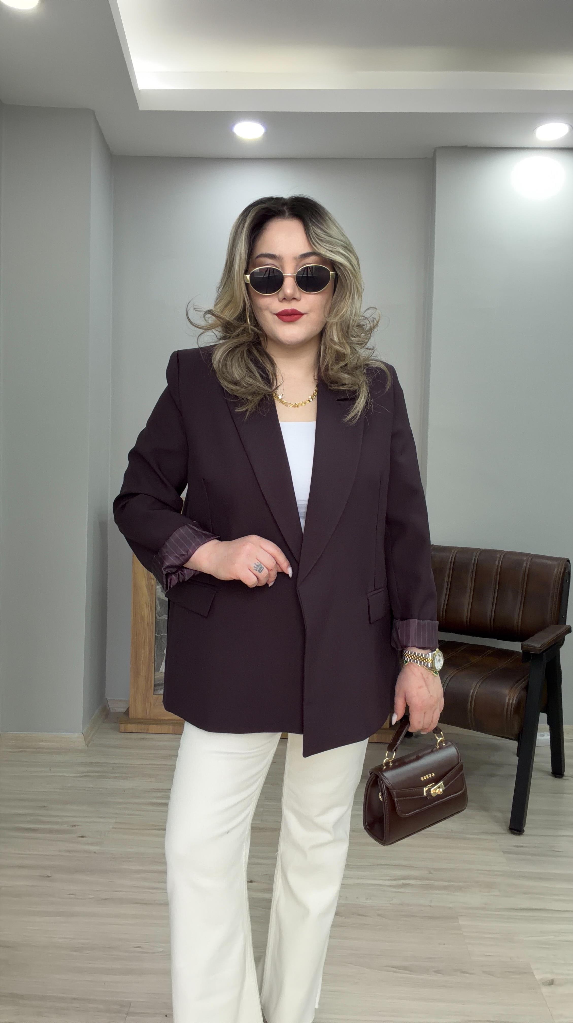KOL KATMALI ÇİZGİLİ ASTARLI BLAZER CEKET MÜRDÜM 