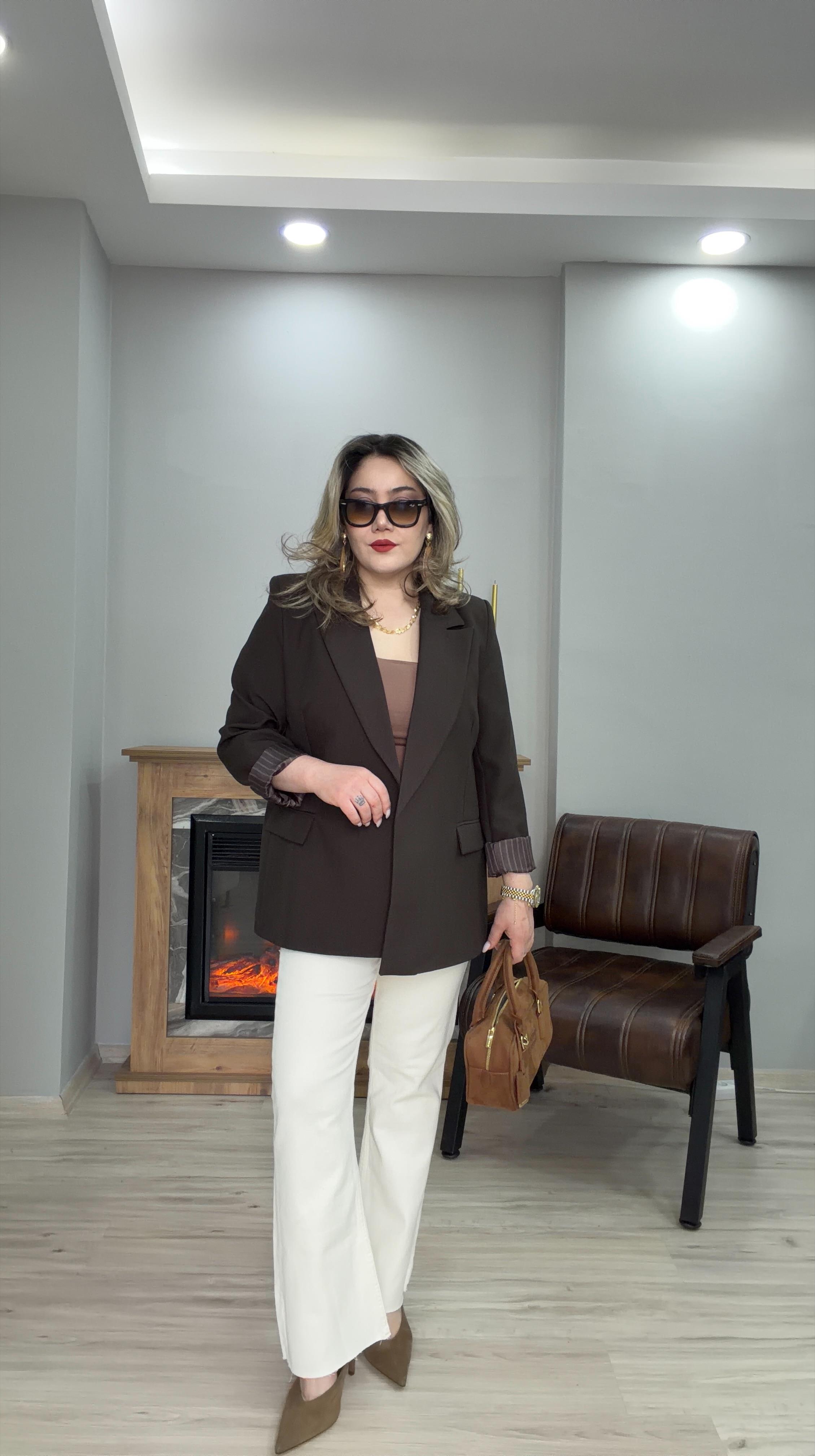 KOL KATMALI ÇİZGİLİ ASTARLI BLAZER CEKET KAHVE