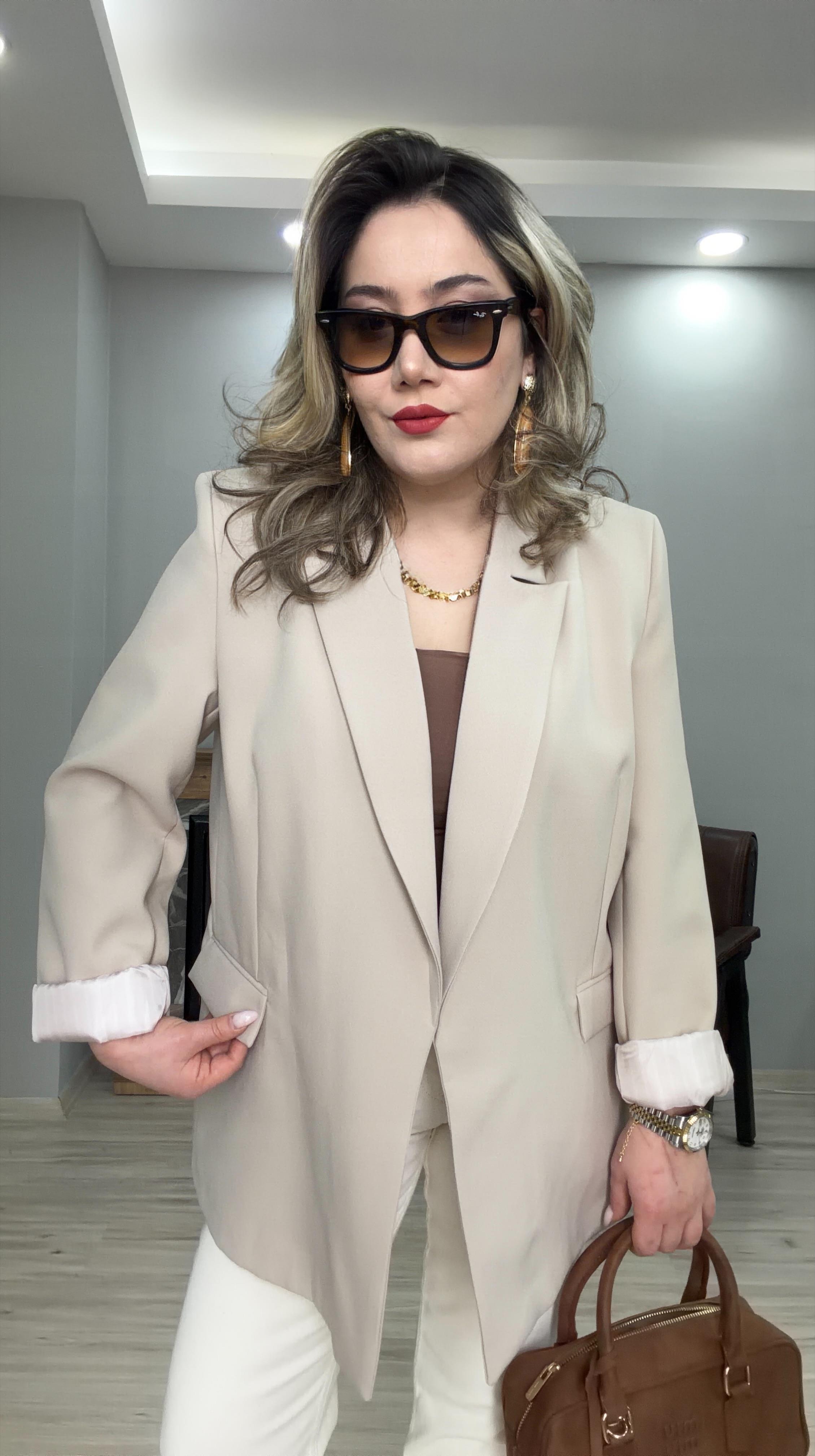 KOL KATMALI ÇİZGİLİ ASTARLI BLAZER CEKET TAŞ