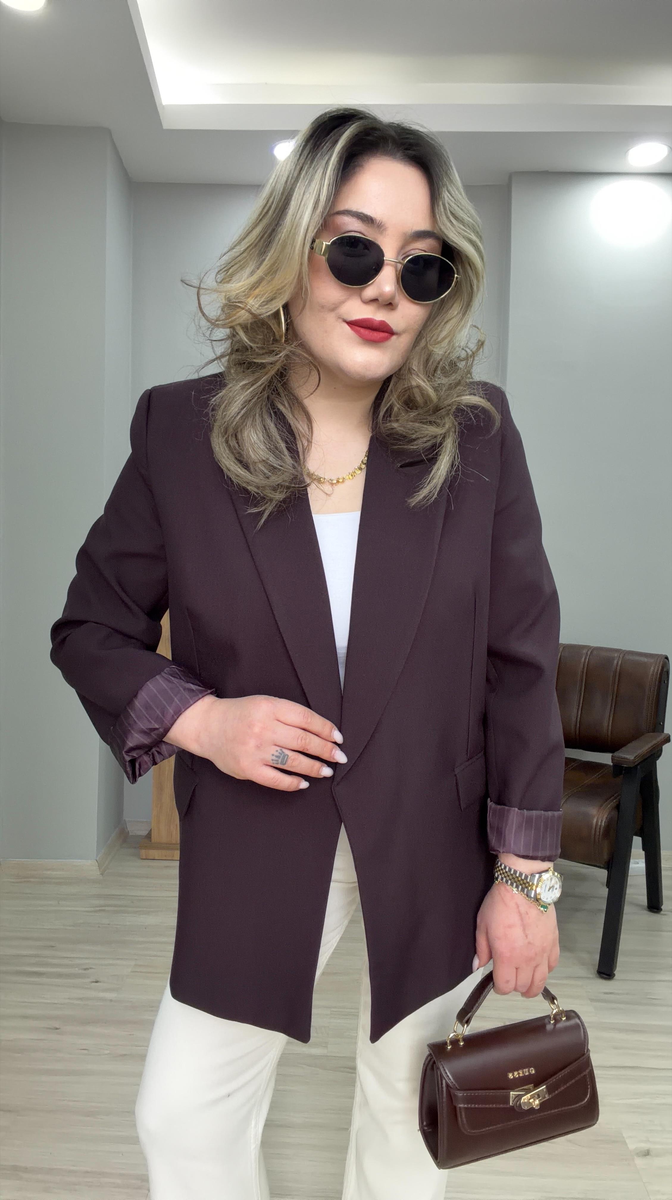 KOL KATMALI ÇİZGİLİ ASTARLI BLAZER CEKET MÜRDÜM 