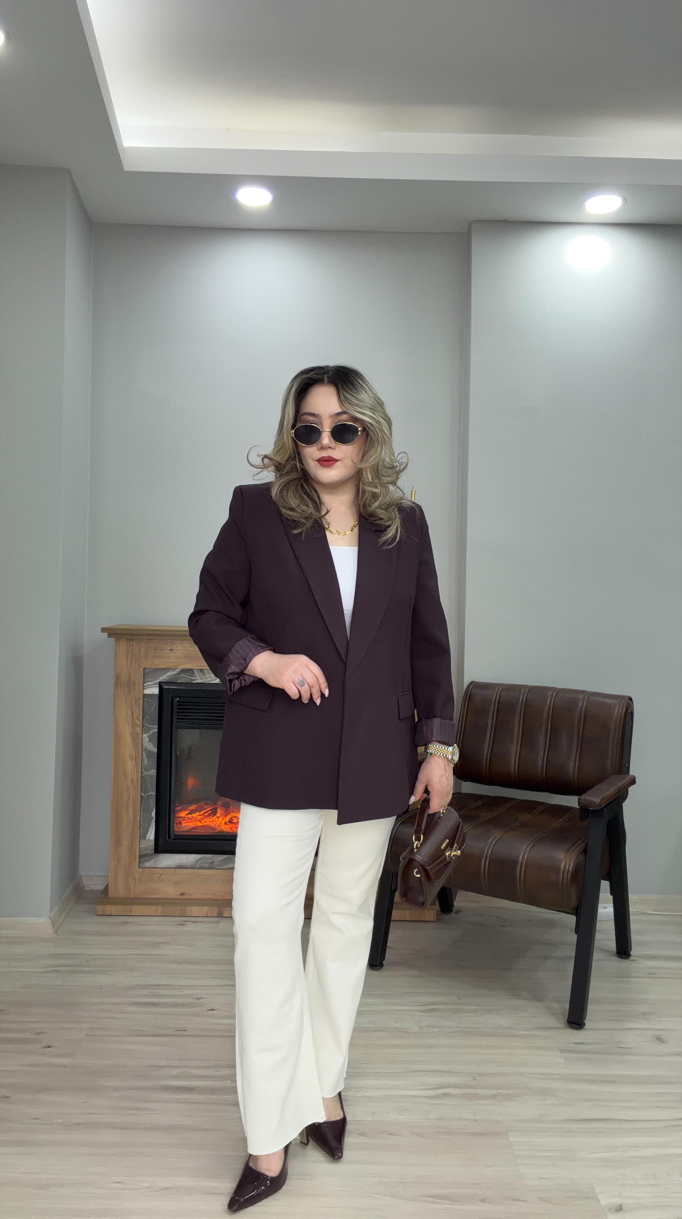 KOL KATMALI ÇİZGİLİ ASTARLI BLAZER CEKET MÜRDÜM 