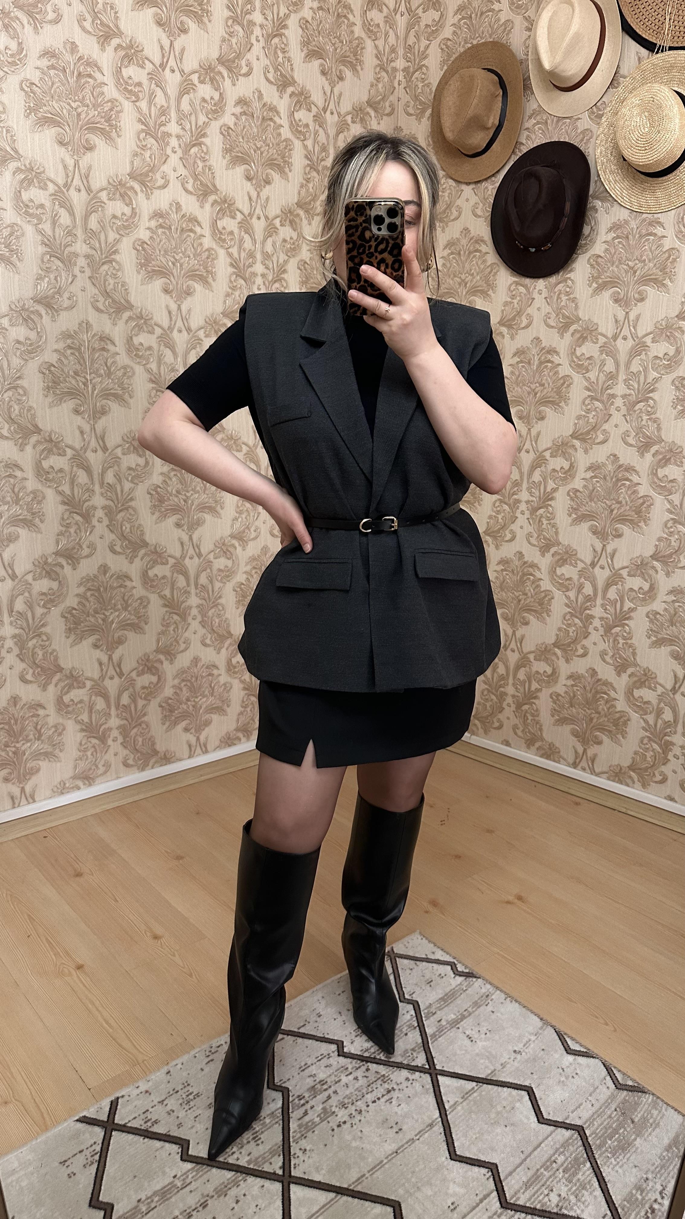 KOLSUZ KEMERLİ BLAZER CEKET YELEK ANTRASİT