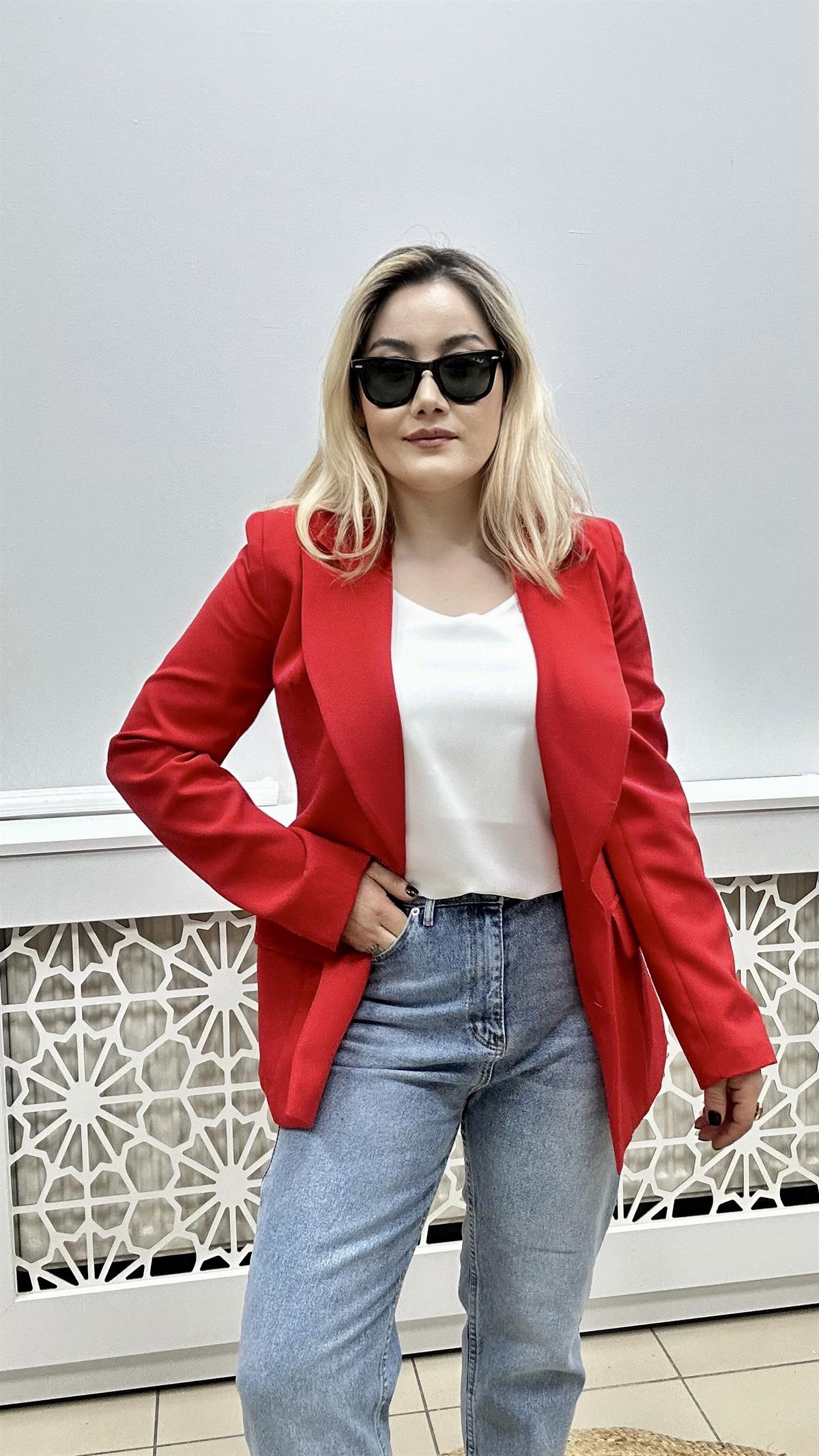 Kruvaze Yaka Çift Düğmeli Ceket Kırmızı