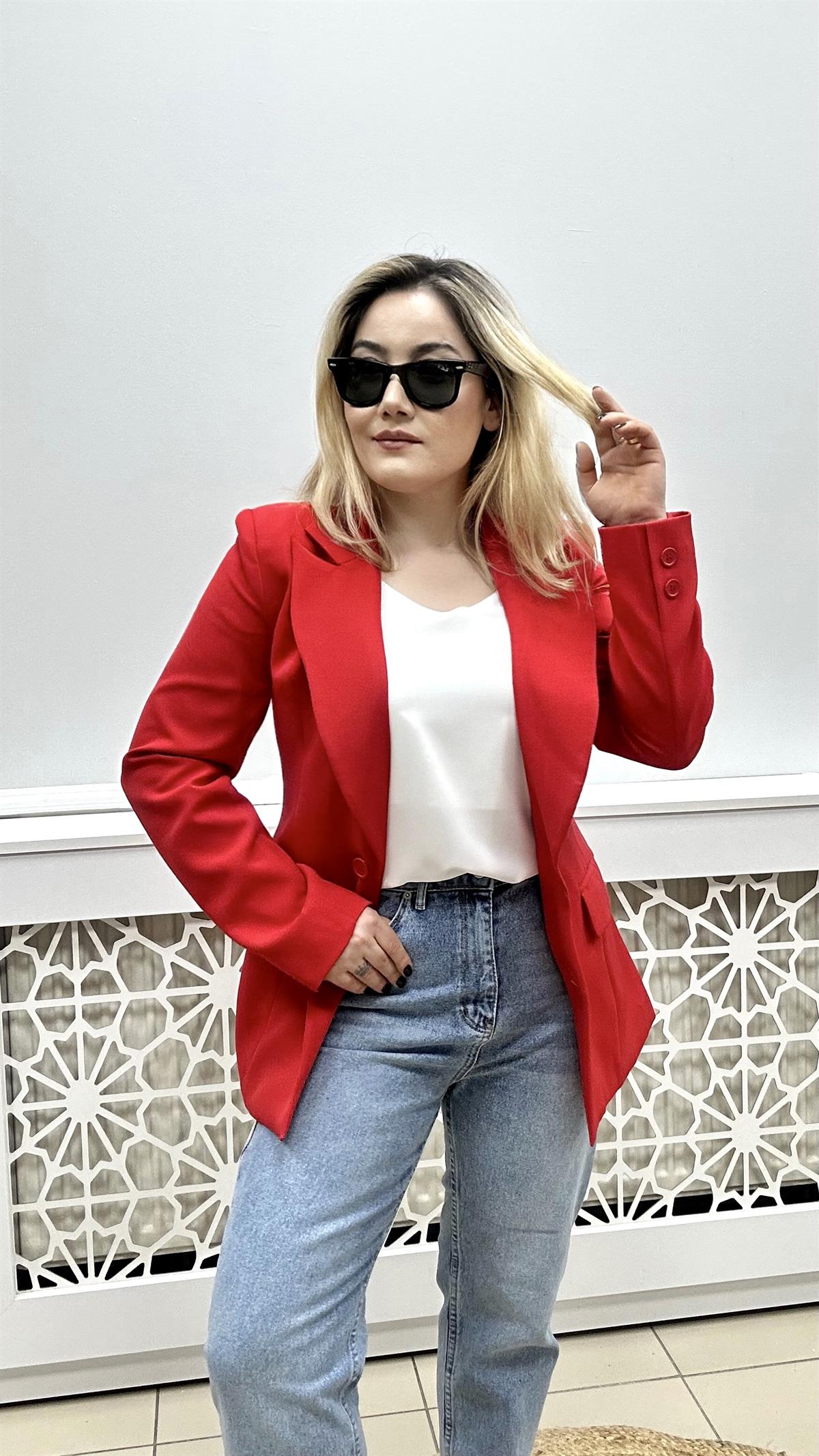 Kruvaze Yaka Çift Düğmeli Ceket Kırmızı
