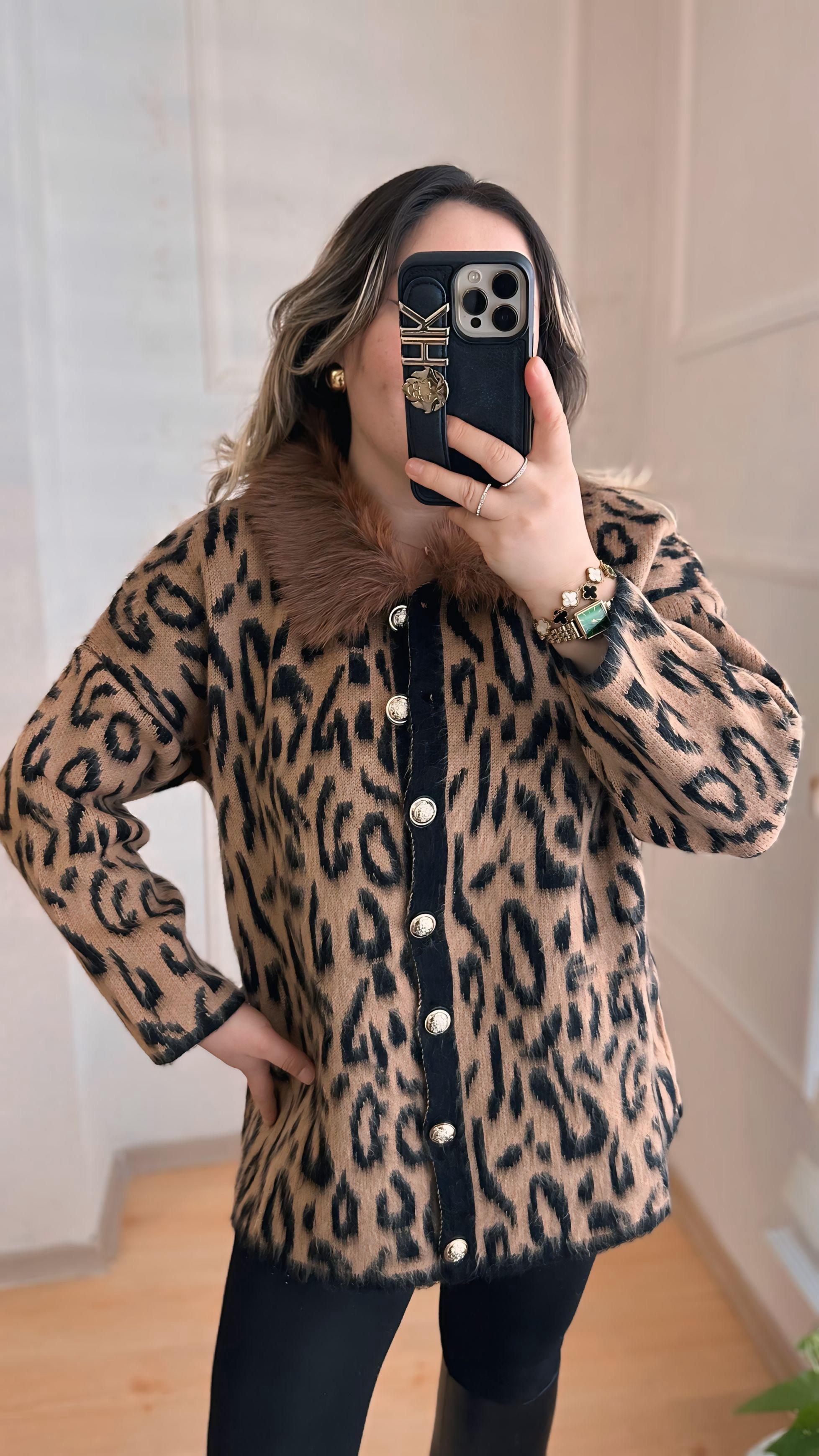KÜRK YAKALI LEOPAR HIRKA KAHVE