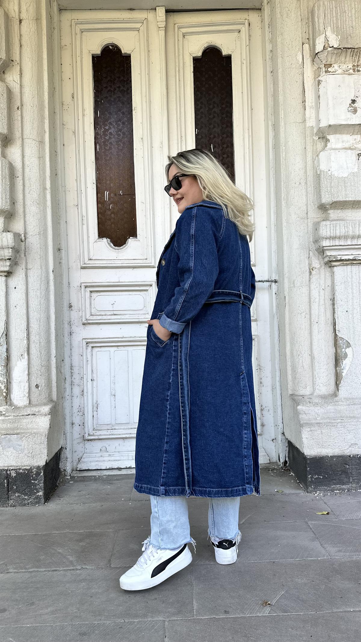 Lacivert Jean Kuşaklı Uzun Trençkot