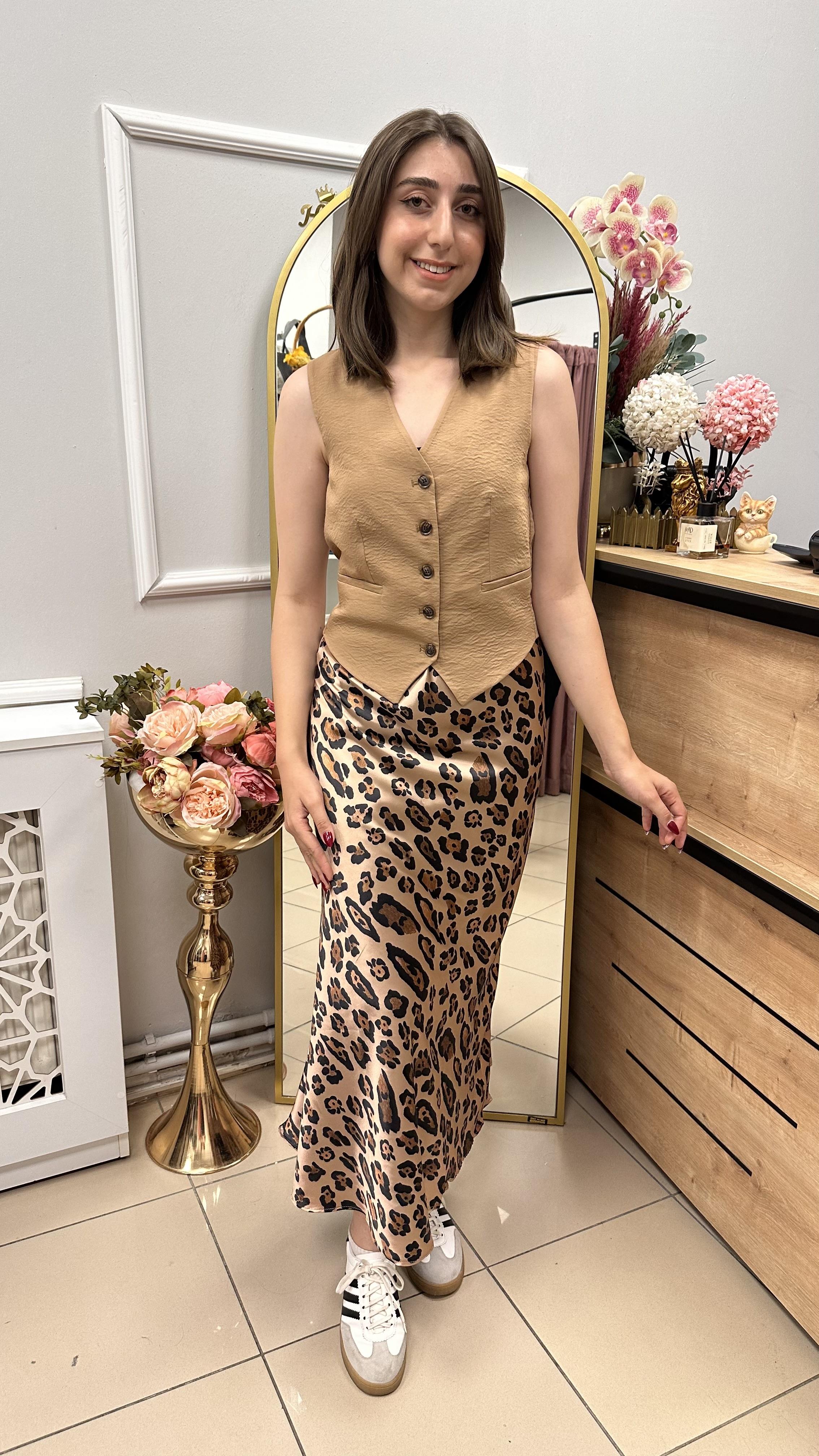 LEOPAR DESEN SATEN ETEK MİDİ BOY KAHVE
