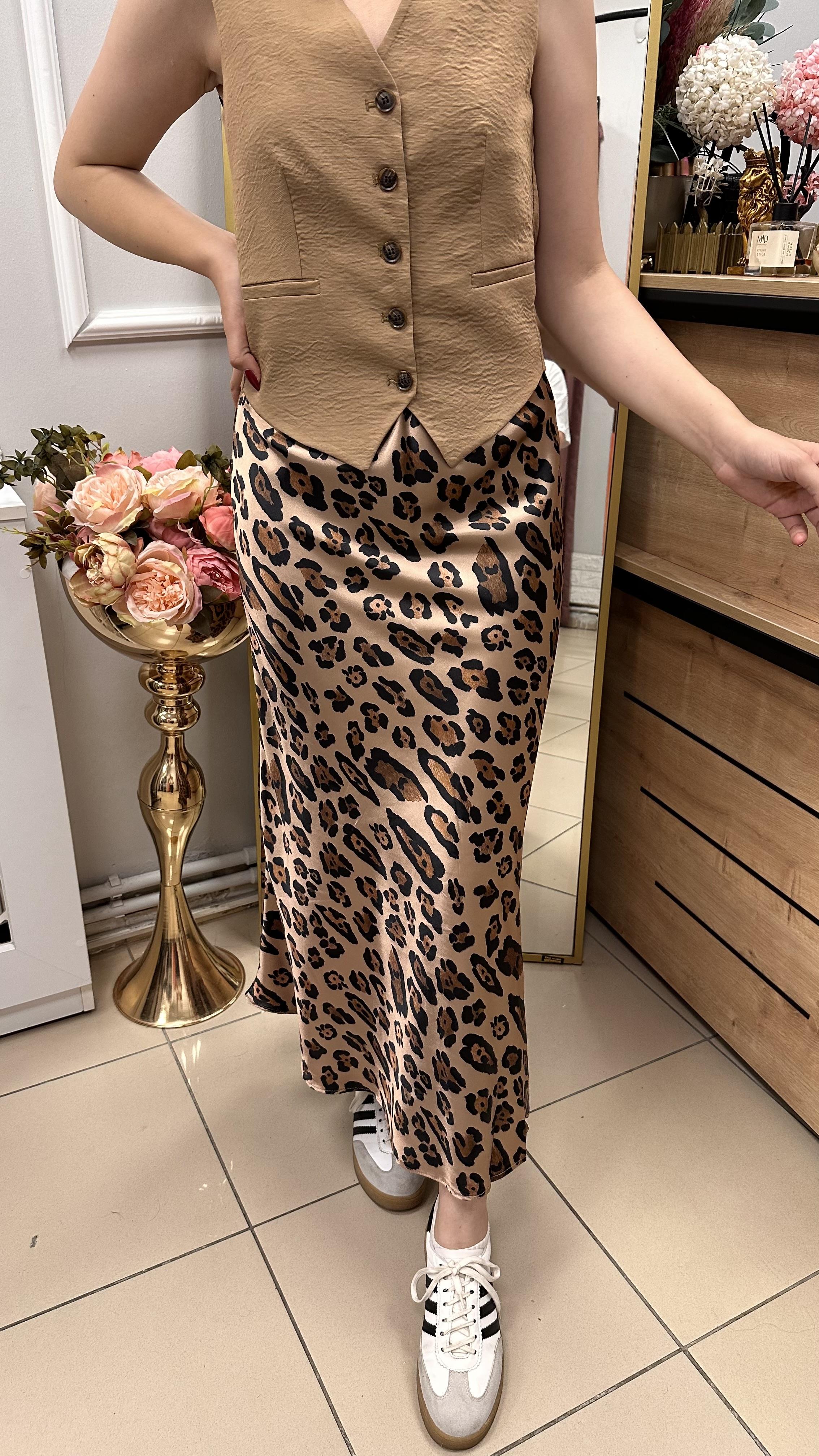 LEOPAR DESEN SATEN ETEK MİDİ BOY KAHVE