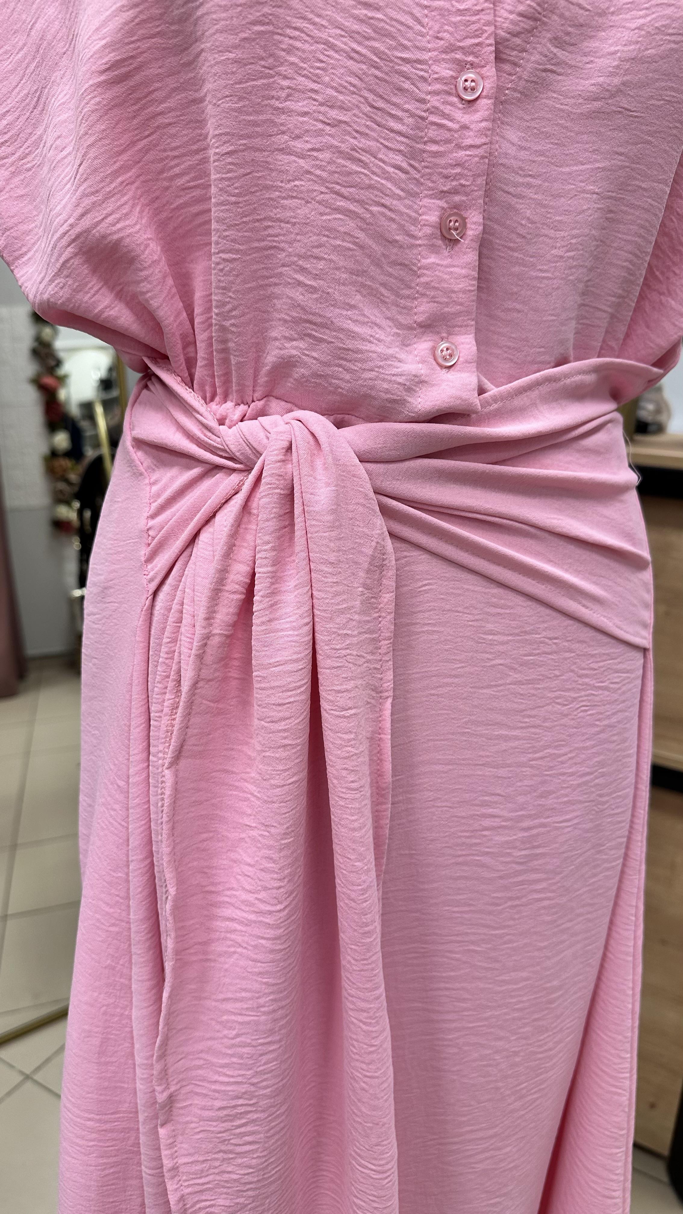 MARKA MODEL BELİ KUŞAKLI MİDİ BOY KLOŞ ELBİSE ŞEKER PEMBE