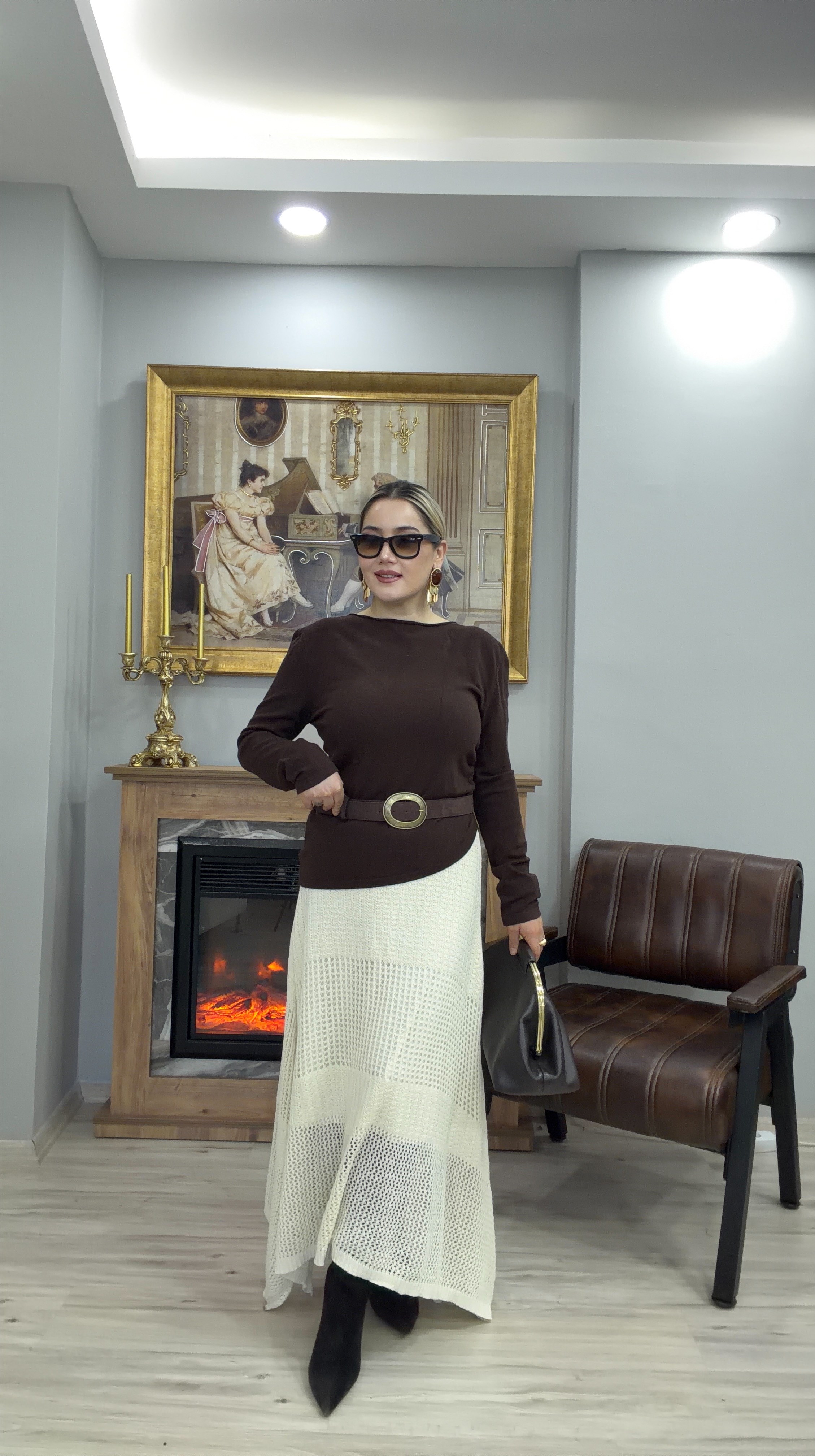 ÖRME TRİKO LASTİKLİ ETEK EKRU