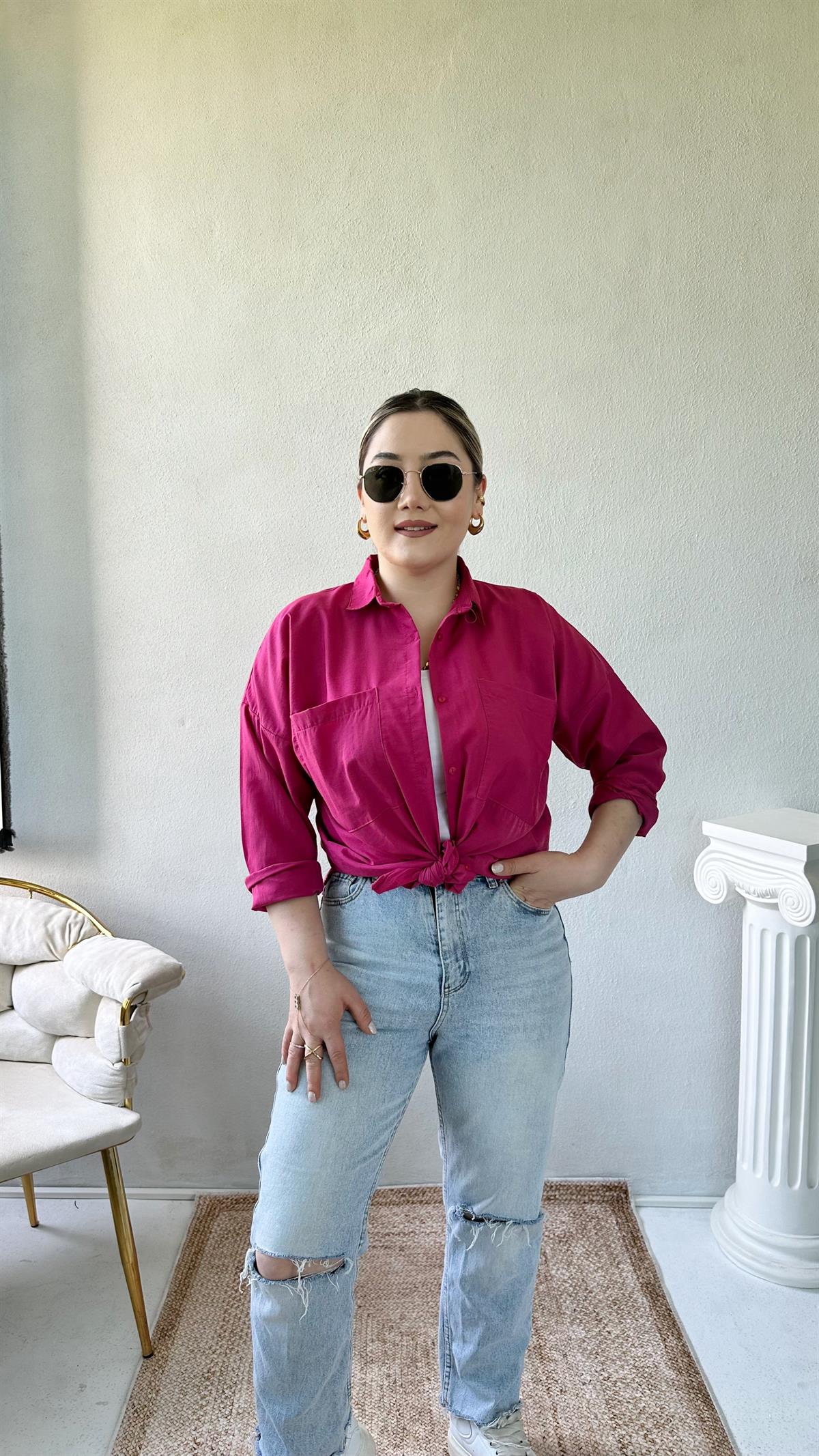 Oversize Cepli Poplin Gömlek Fuşya