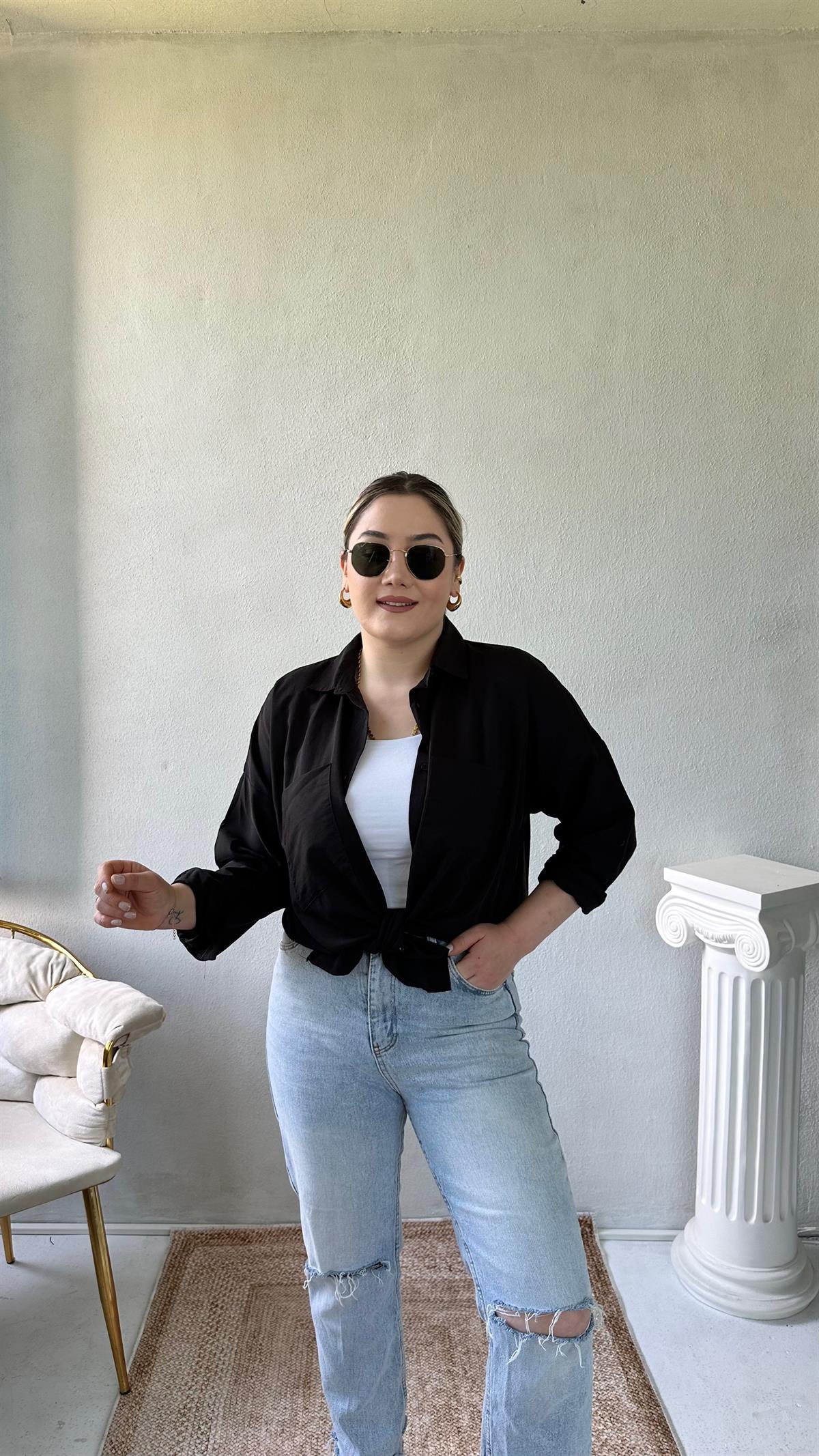 Oversize Cepli Poplin Gömlek Siyah