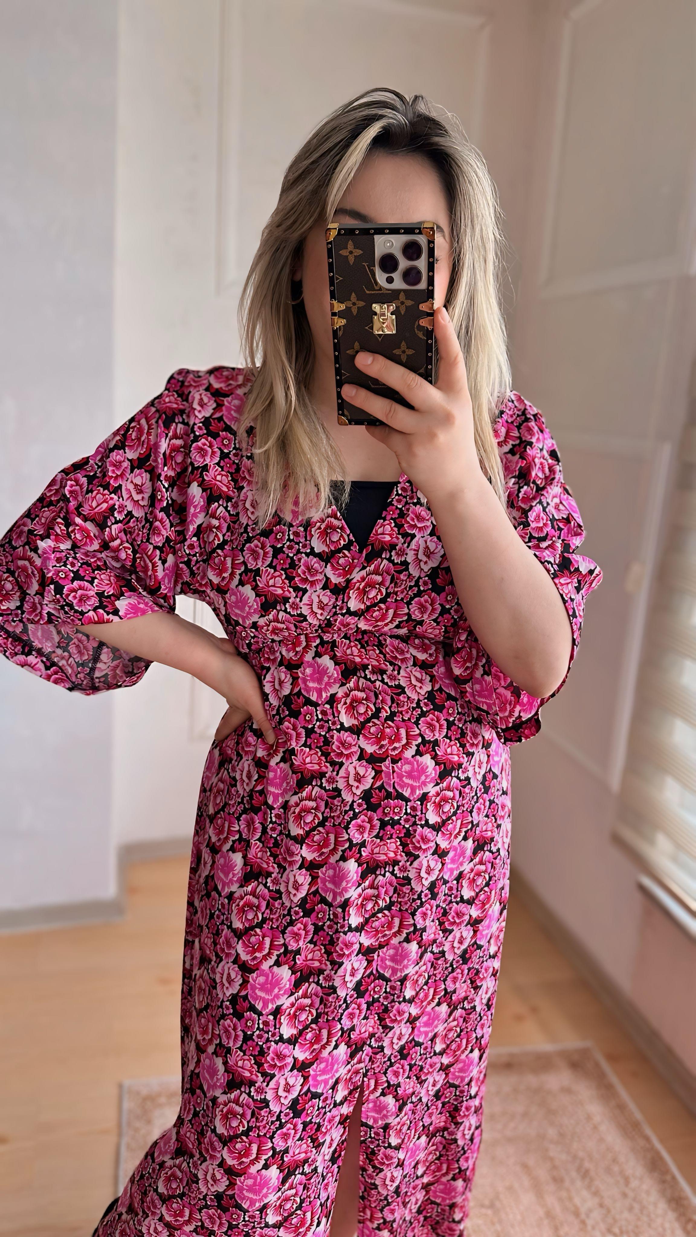 PEMBE ÇİÇEKLİ VİSKON ELBİSE