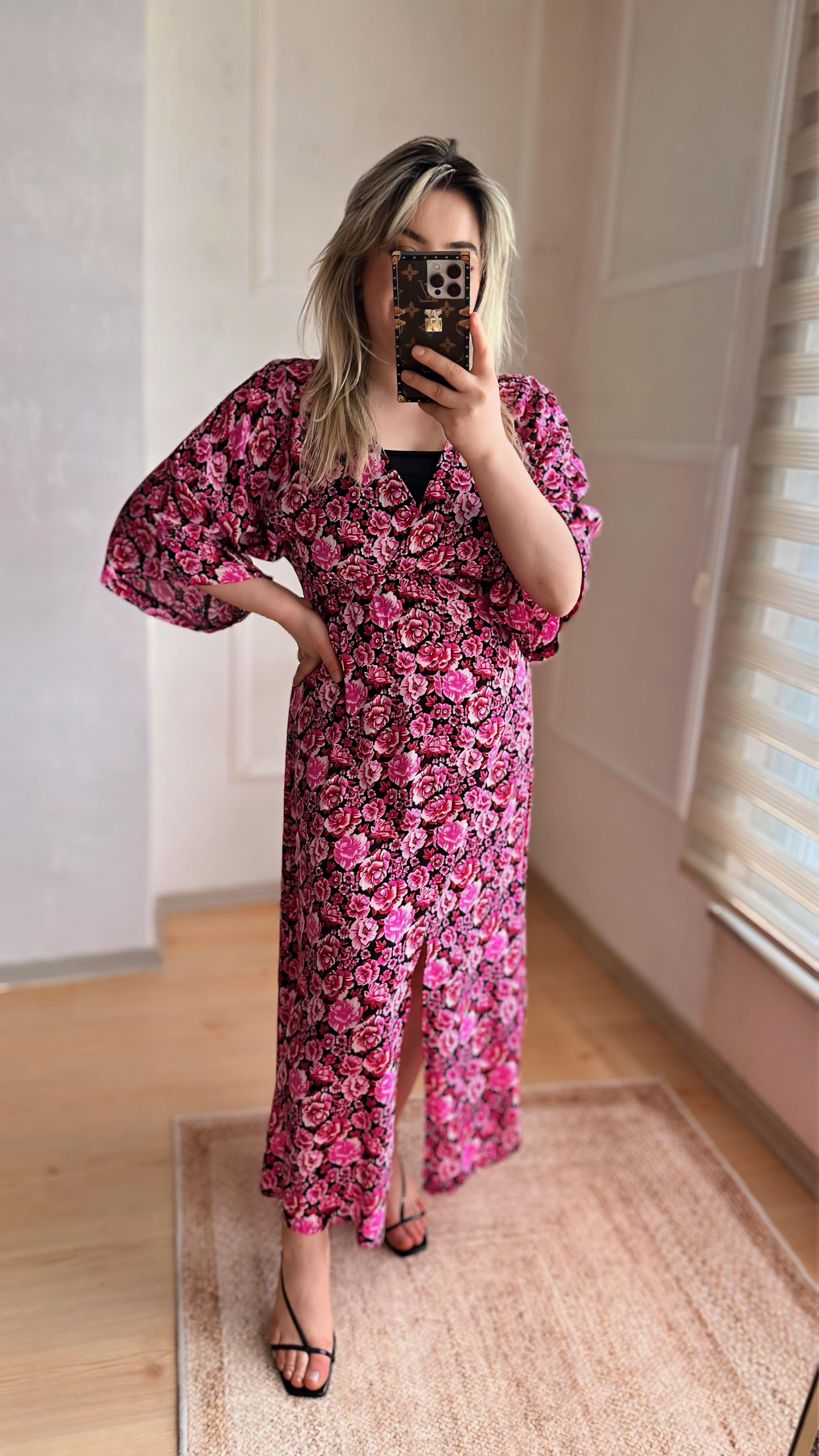 PEMBE ÇİÇEKLİ VİSKON ELBİSE