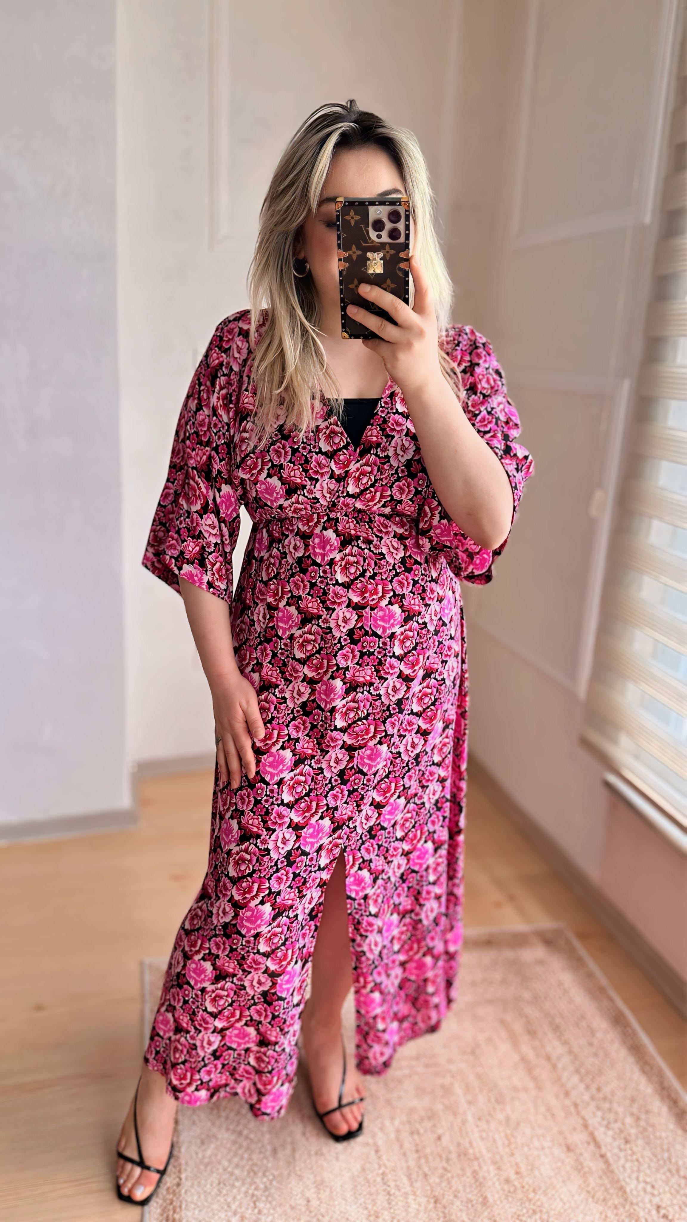 PEMBE ÇİÇEKLİ VİSKON ELBİSE