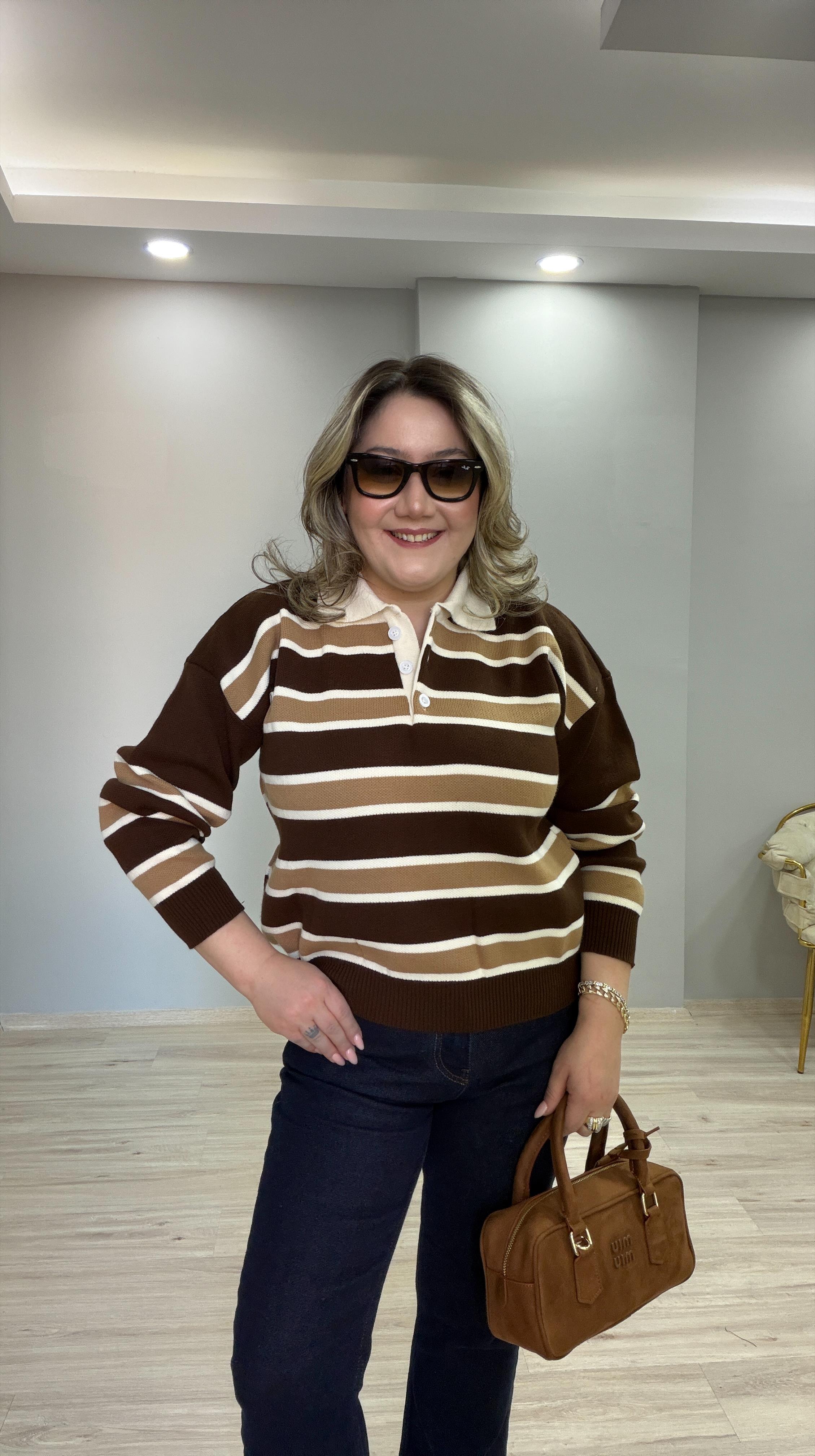 POLO YAKA ÇİZGİLİ KAZAK KAHVE