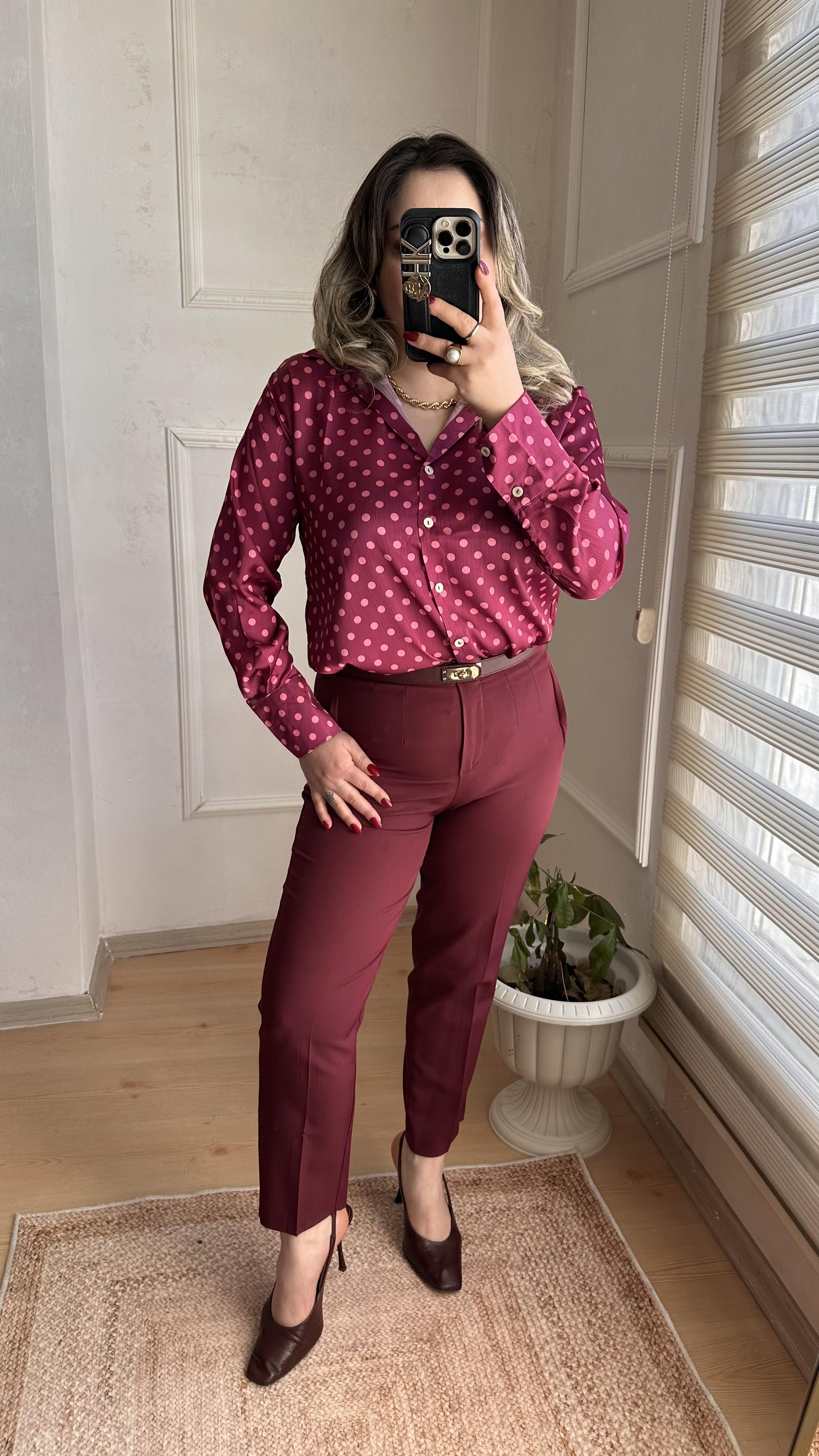PUANTİYELİ SATEN GÖMLEK BORDO