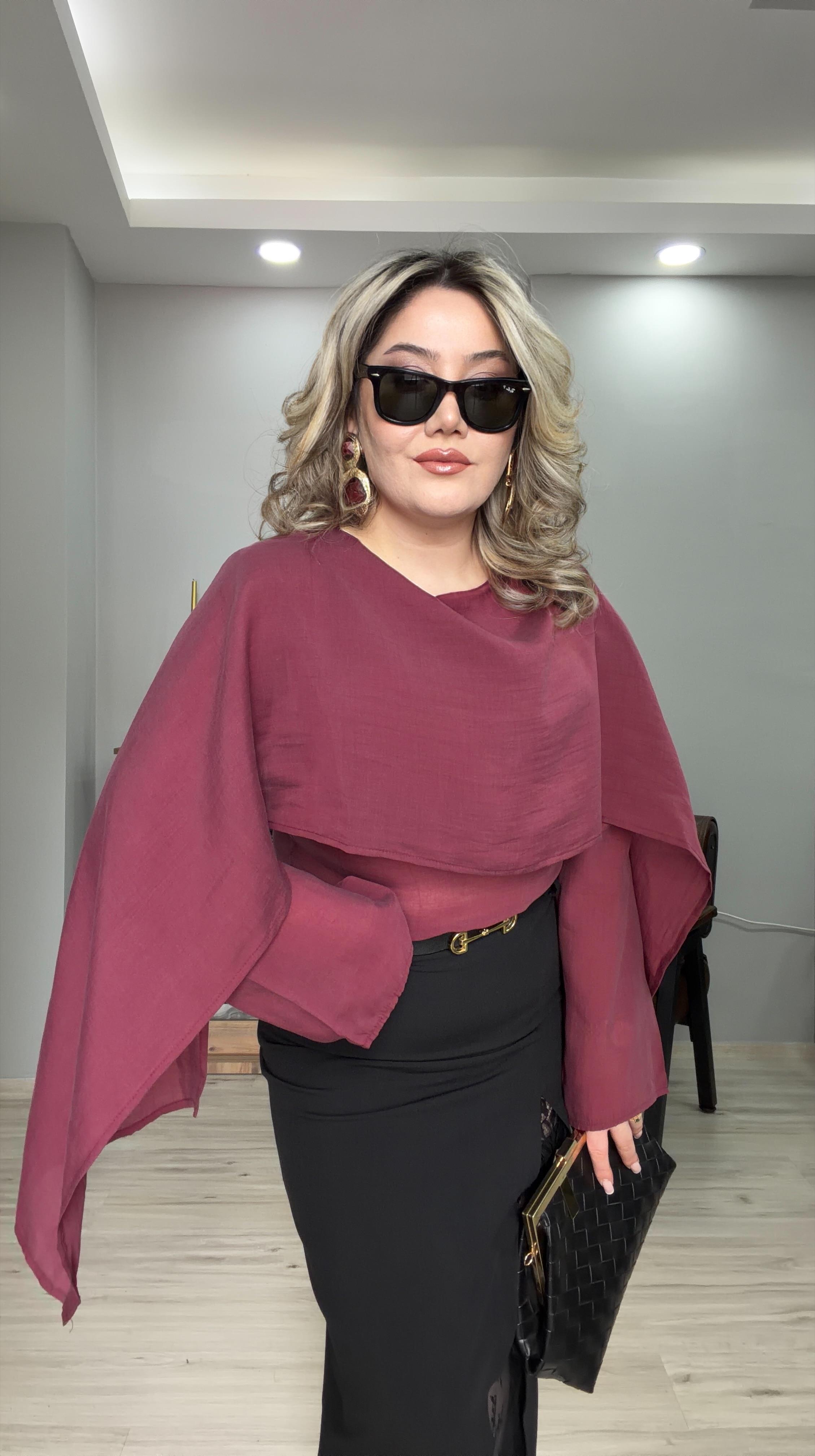 ŞAL YAKA TENSEL BLUZ BORDO