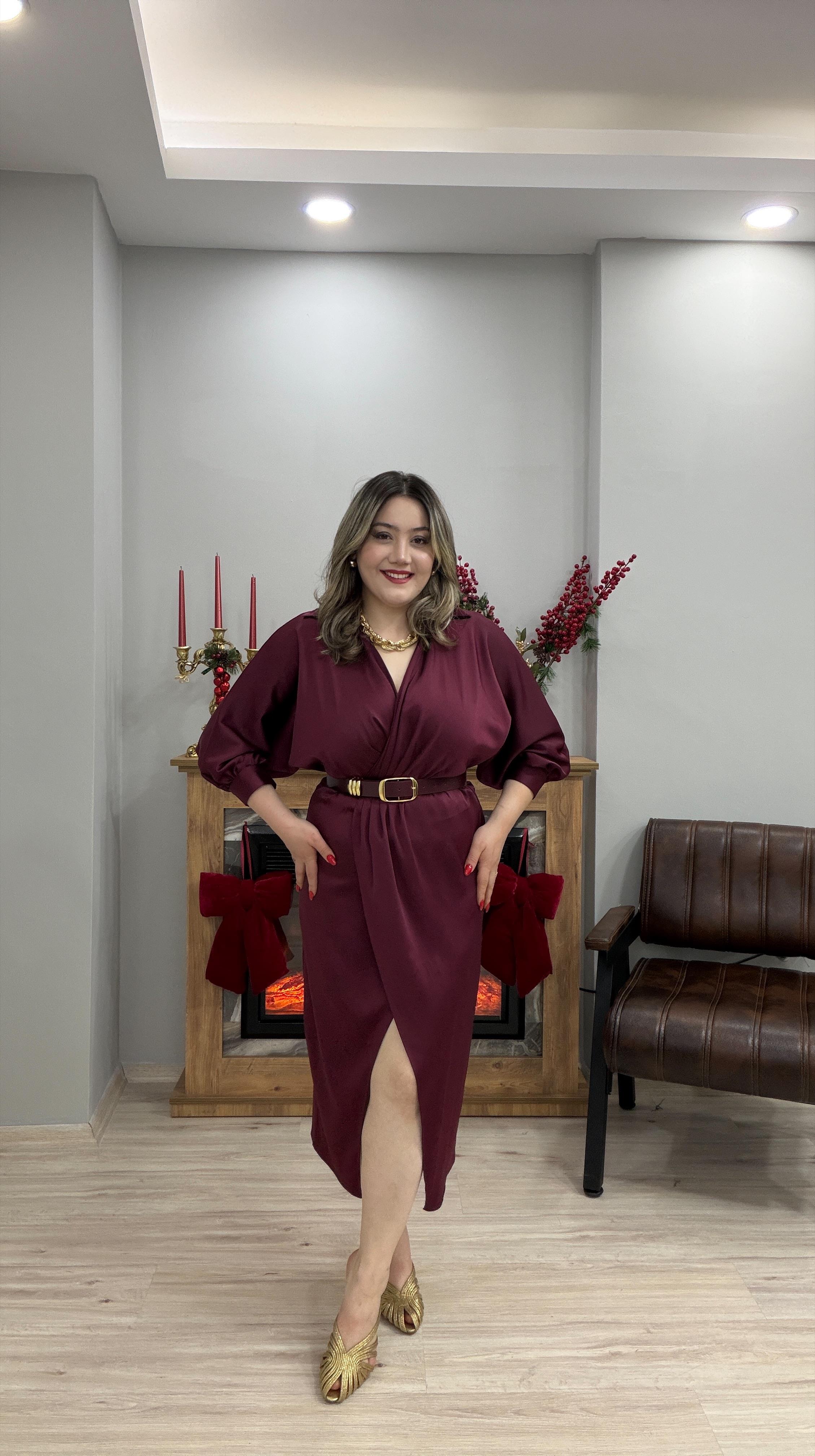 SATEN KRUVAZE KEMERLİ ELBİSE MÜRDÜM